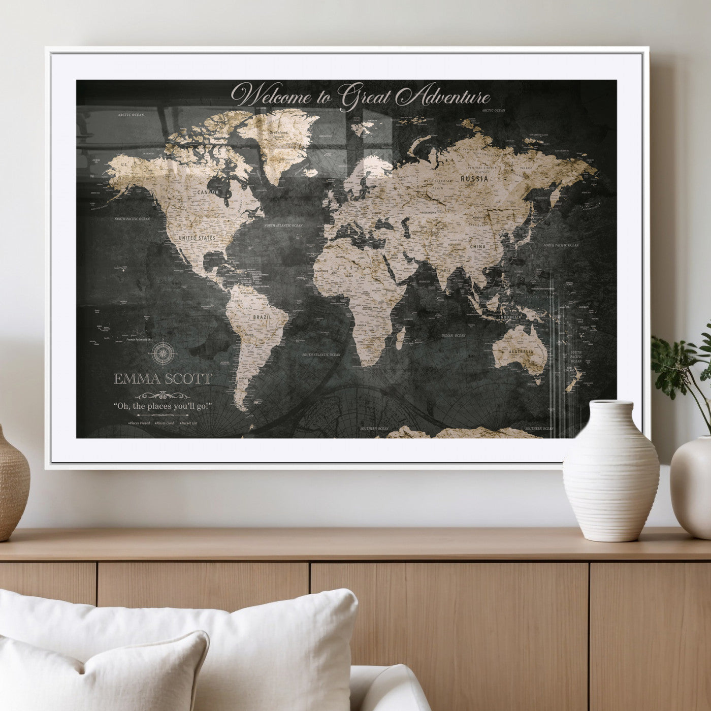 70534097-MGV-CV-36X24-Personalized World Map Wall Art – Dark Vintage Adventure Style Travel Map with Custom Names, Unique Wall Decor for Couples, Home