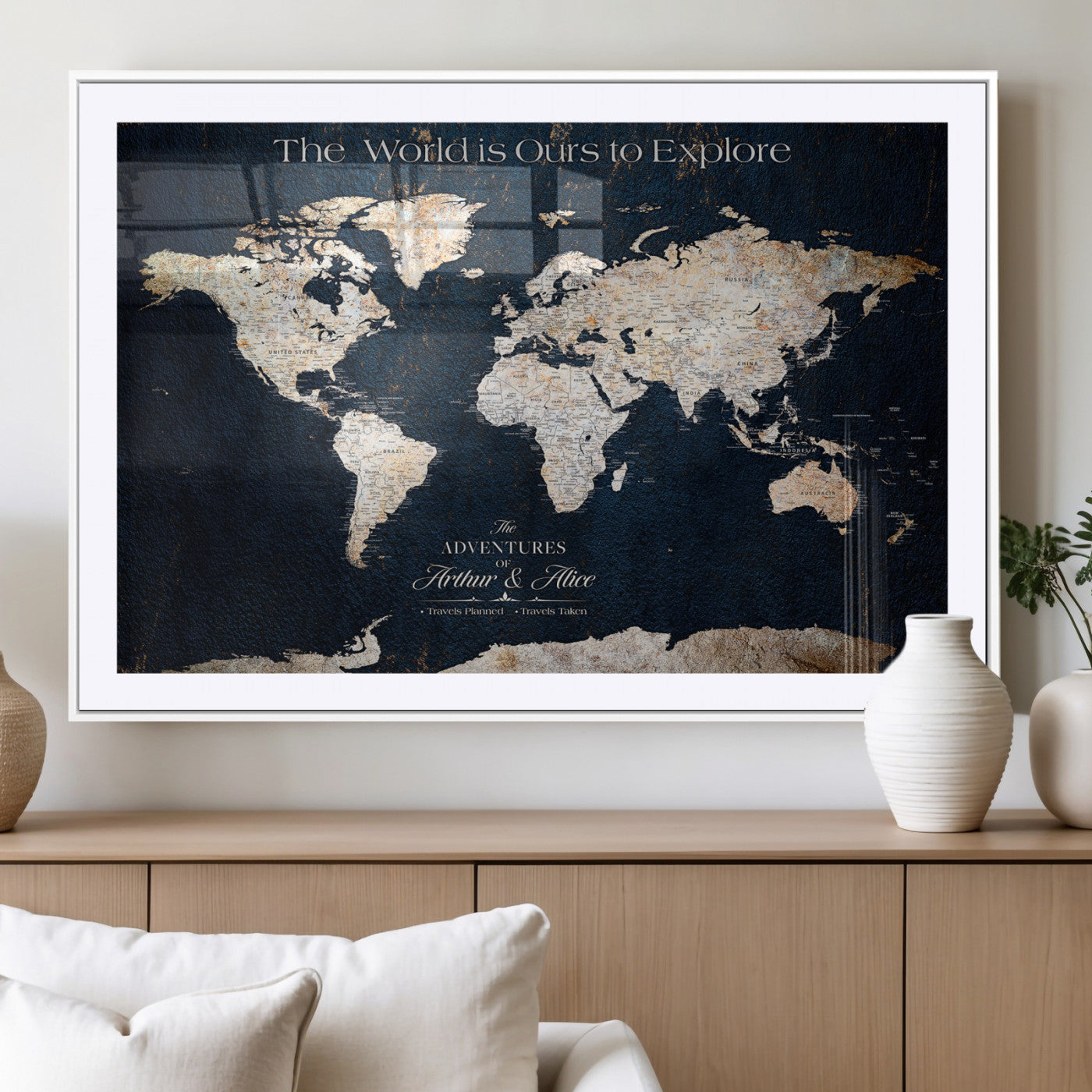 13231361-MGV-CV-36X24-Personalized World Map Wall Art – Navy Blue Vintage Adventure Travel Map with Custom Names, Elegant Push Pin Canvas for Couples