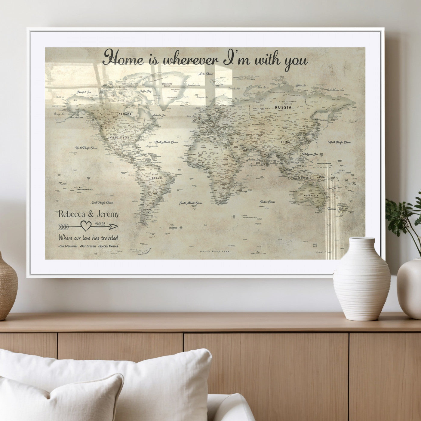 35009043-MGV-CV-36X24-Personalized World Map Wall Art – Vintage Beige Travel Map with Custom Names and Date, Romantic Anniversary Gift for Couples Home