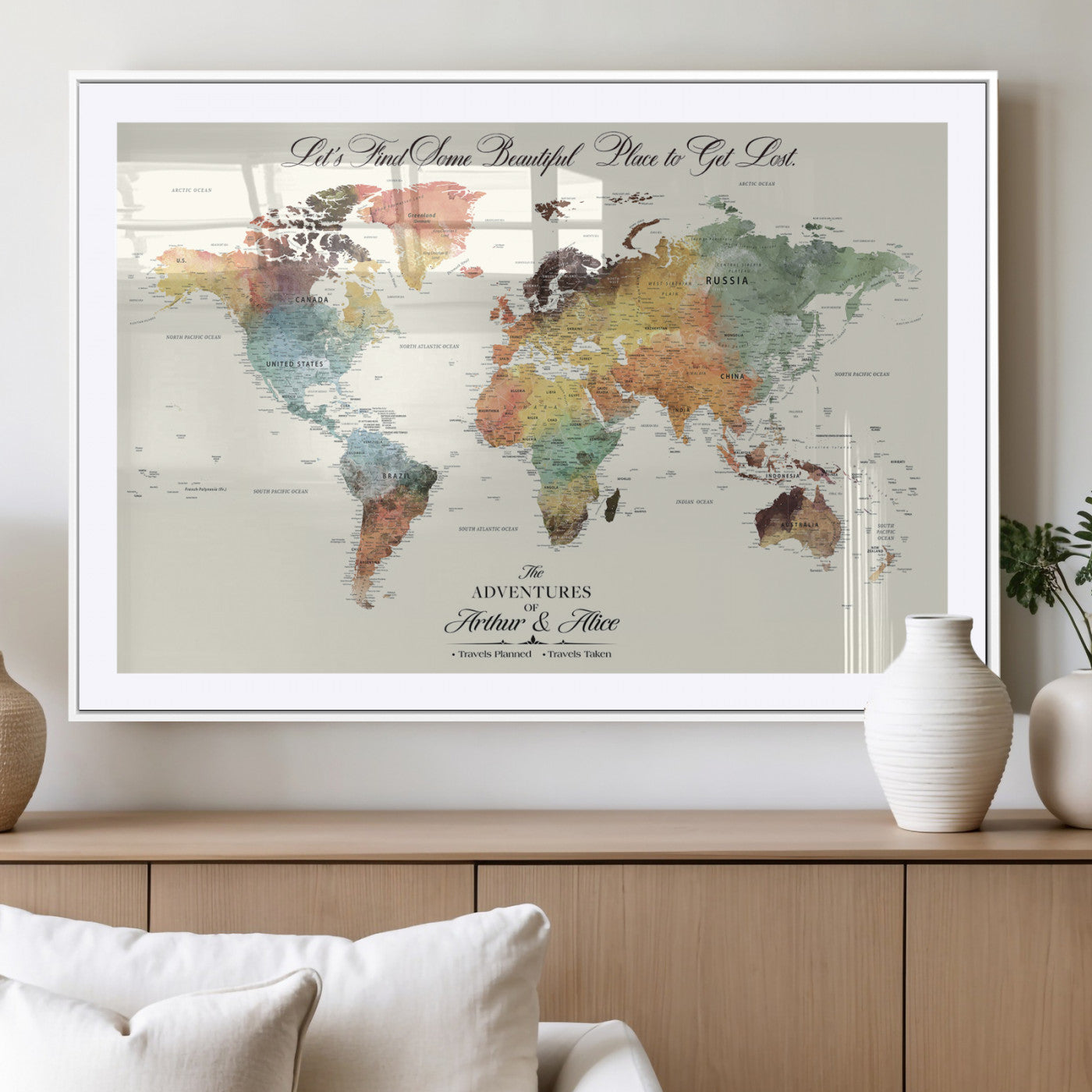 10311652-MGV-CV-36X24-Personalized World Map Wall Art - Watercolor Travel Map with Custom Names Minimalist Design for Couples&Families - Decor for Home,