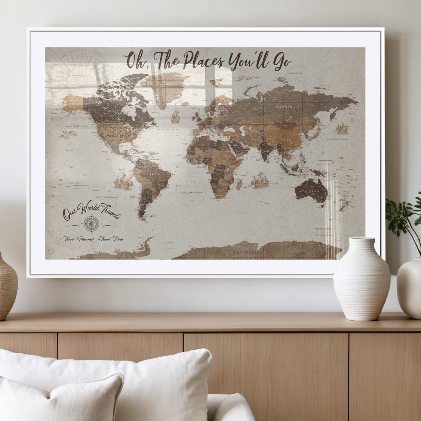 14140137-MGV-CV-36X24-Personalized World Map Wall Art – Vintage Nautical Adventure Map with Ships and Compass, Rustic Sepia Tones for Travel Lovers and