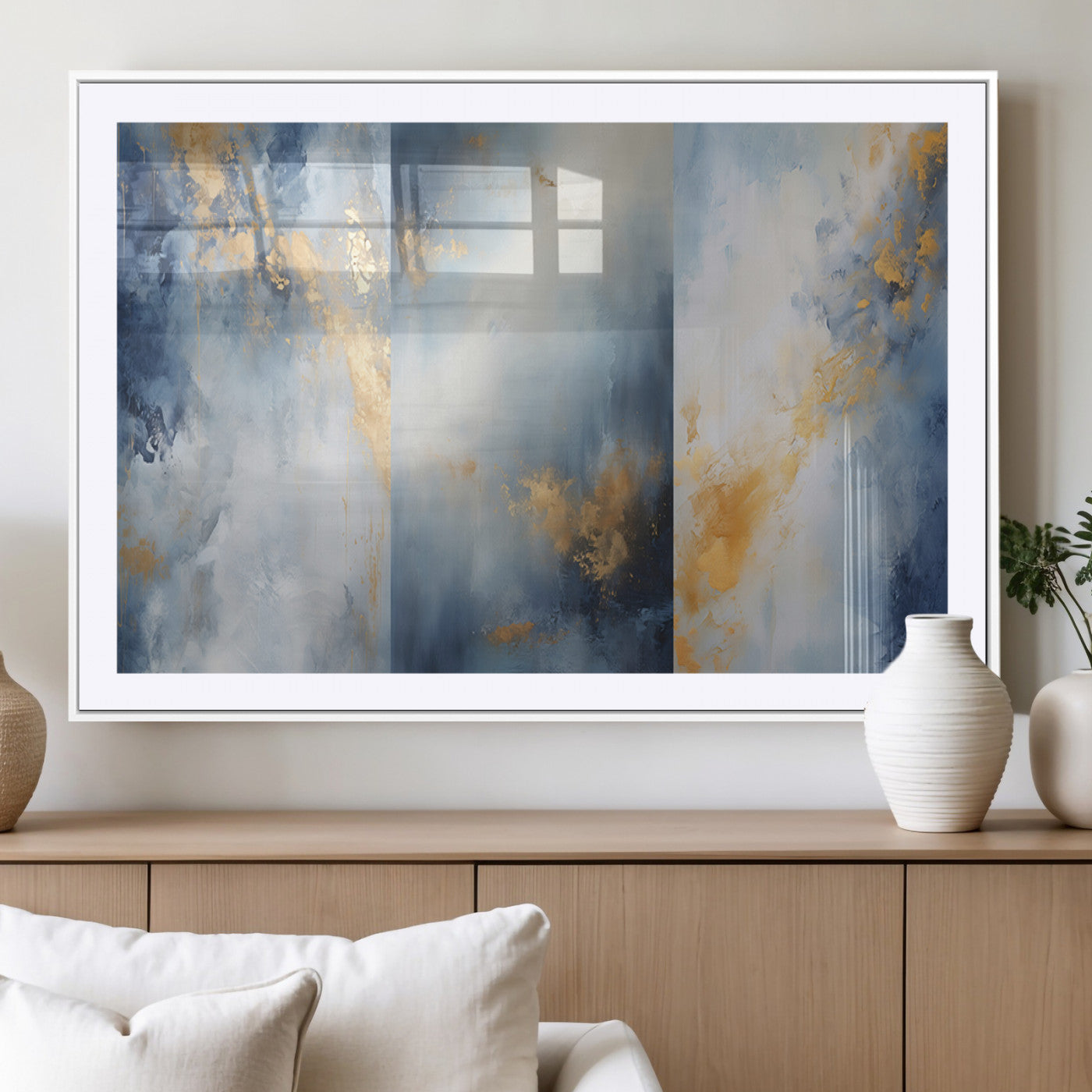 41836-MGV-CV-36X24-Abstract Gold Wall Art Canvas Print, Framed Blue Layers Art Picture Print, Elegant Cloud Perfect Elegant Minimalist Decor Artwork
