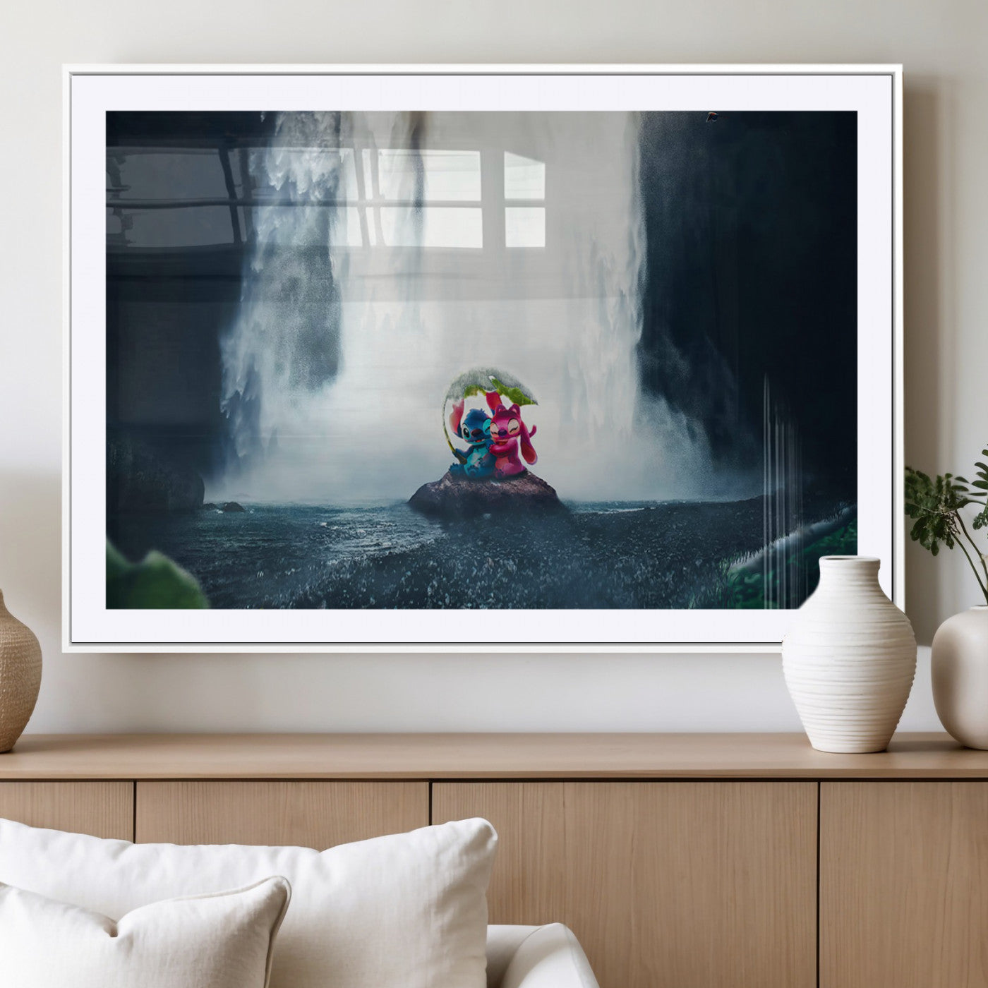 32259-MGV-CV-36X24-Stitch Angel Wall Art Canvas Print, Framed Stitch Waterfall Art Picture Print, Cartoon Couple Perfect Moody Fantasy Decor Artwork