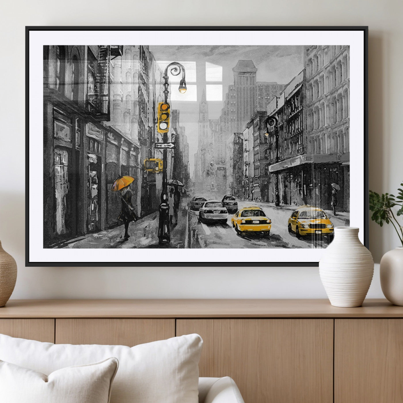 32362-MGV-CV-36X24-NYC Street Wall Art – Black and White Cityscape with Yellow Taxis and Umbrella Canvas Print, Urban Home Decor for Living Room or