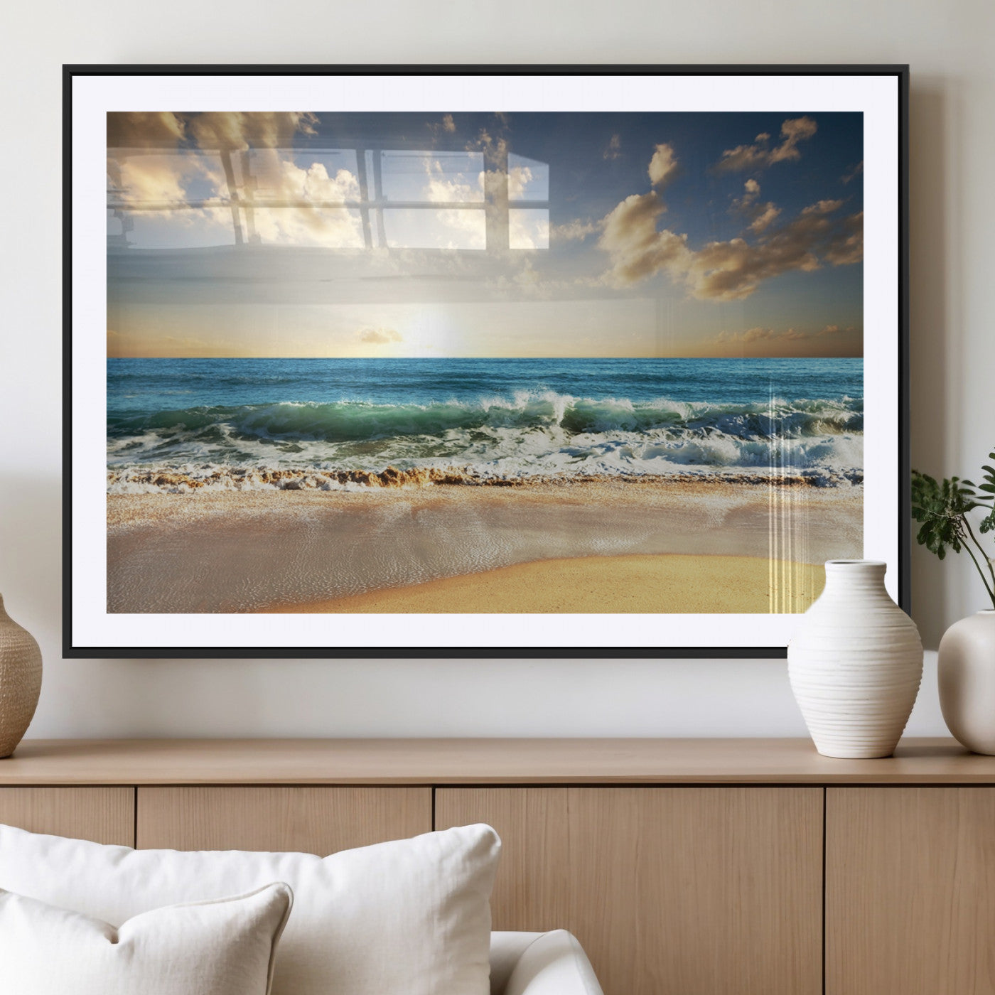 13139-MGV-CV-36X24-Sunrise Beach Wall Art – Ocean Waves and Golden Sand Canvas Print, Coastal Home Decor for Living Room, Bedroom, or Office