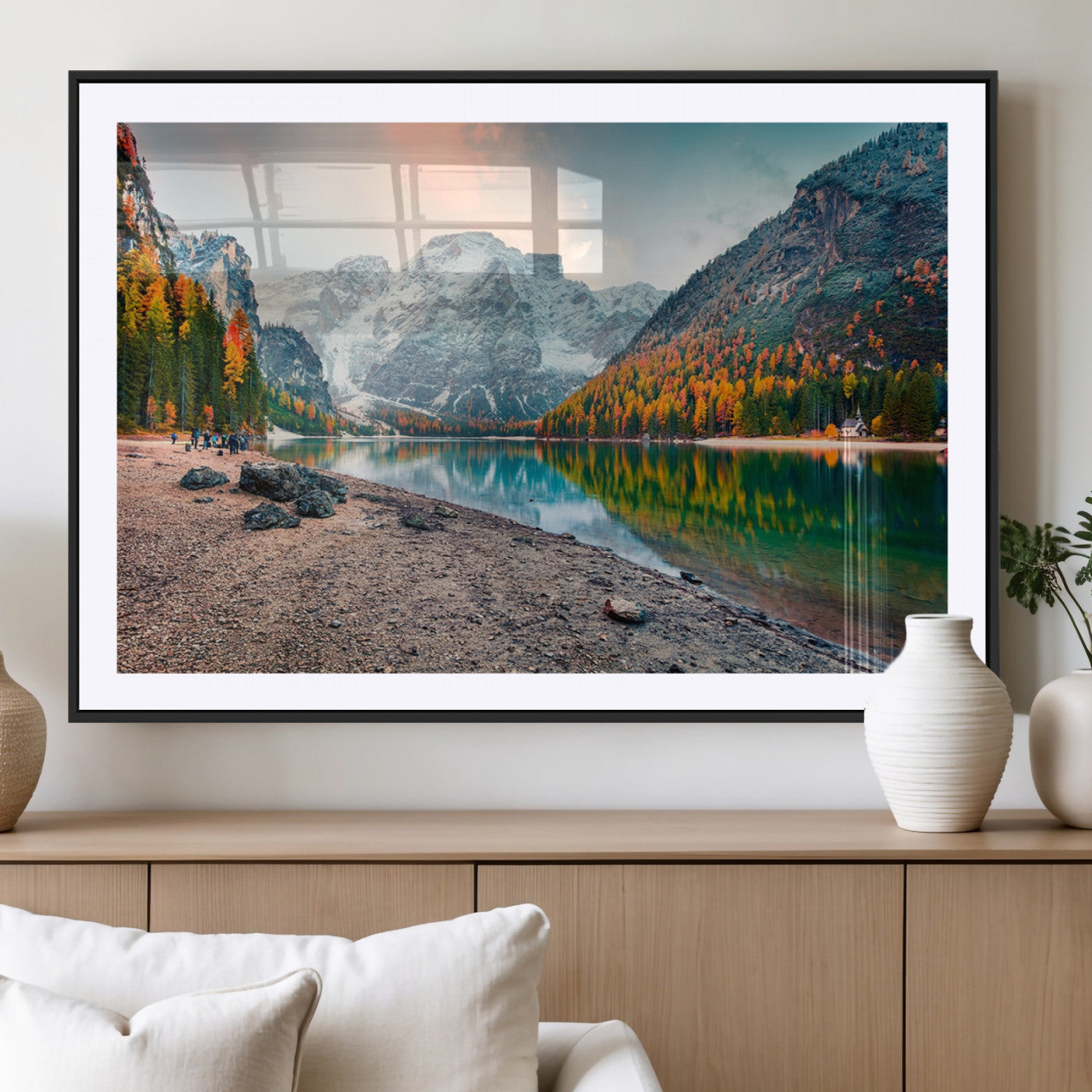 25982-MGV-CV-36X24-Autumn Mountain Lake Wall Art – Panoramic Fall Foliage and Snowy Peaks Canvas Print, Scenic Nature Decor for Living Room or Office