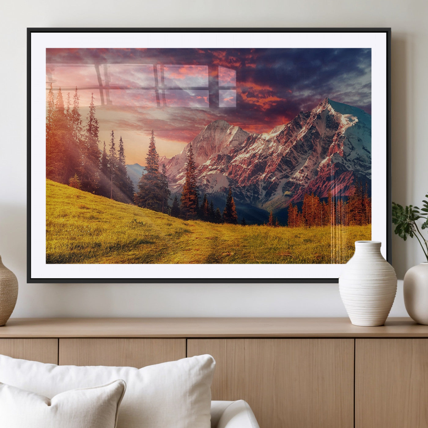 83947-MGV-CV-36X24-Sunset Mountain Landscape Wall Art – Panoramic Alpine Meadow and Snow Capped Peaks Canvas Print, Nature Scenic Decor for Home,