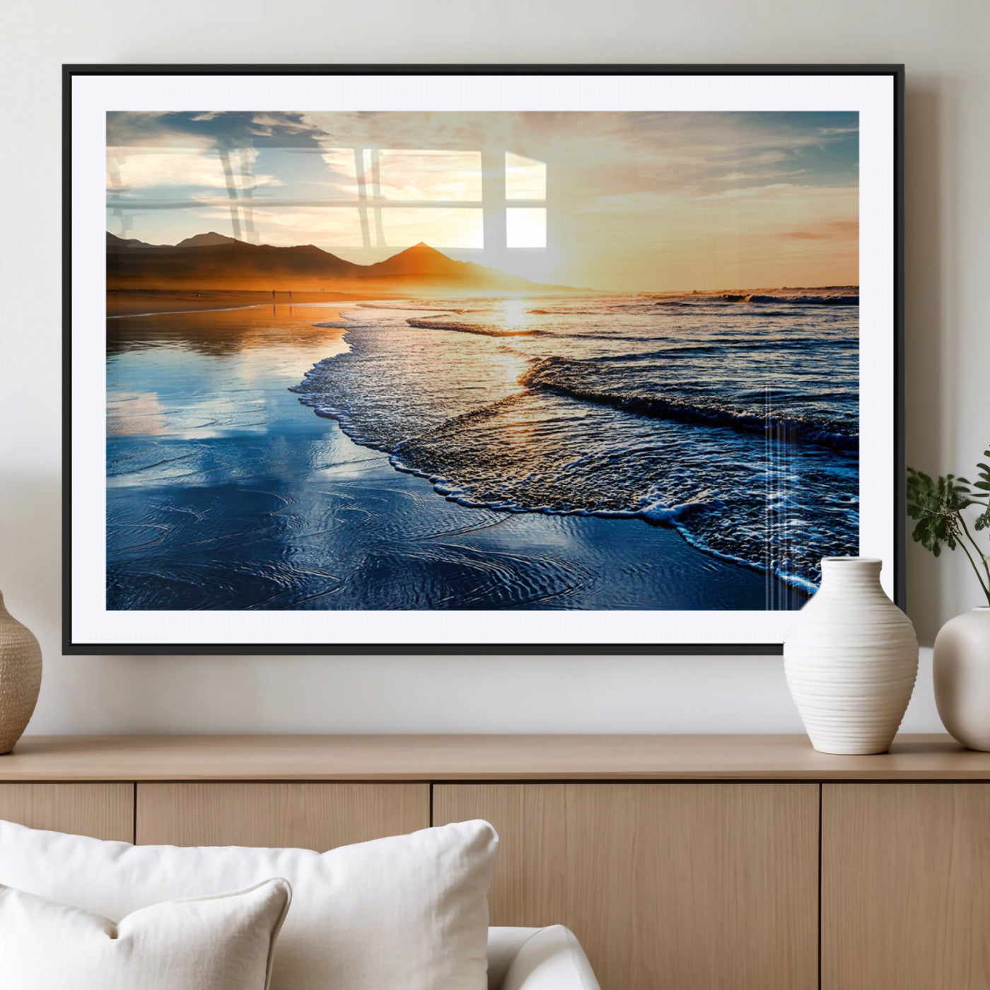 86173-MGV-CV-36X24-Golden Sunset Beach Wall Art – Reflective Ocean Canvas Print with Mountains and Waves, Coastal Nature Decor for Living Room,