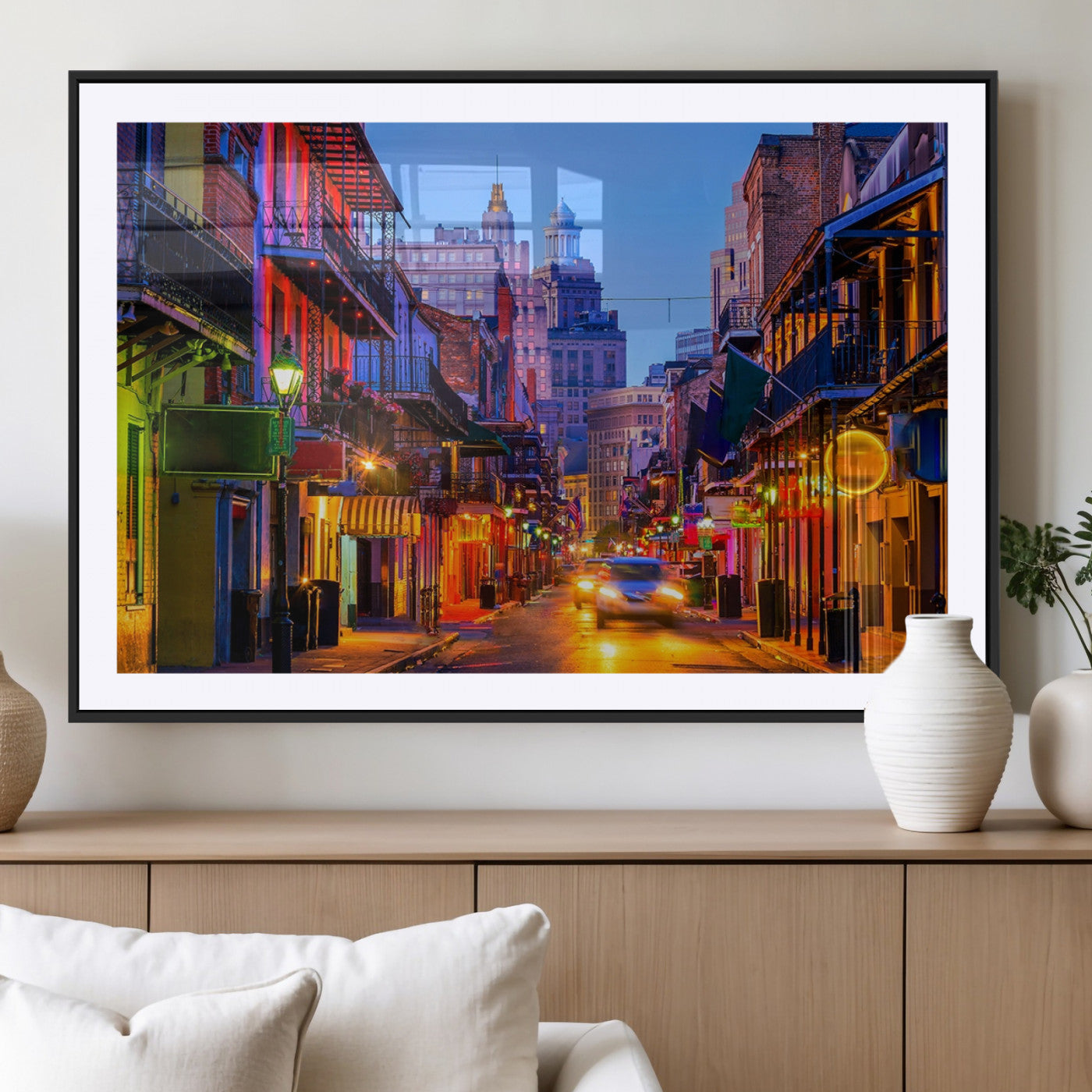 65050-MGC-FP-36x24_Black-New Orleans Street Scene Wall Art – Colorful Nighttime Cityscape Canvas Print, Urban Decor for Living Room, Office or Bar