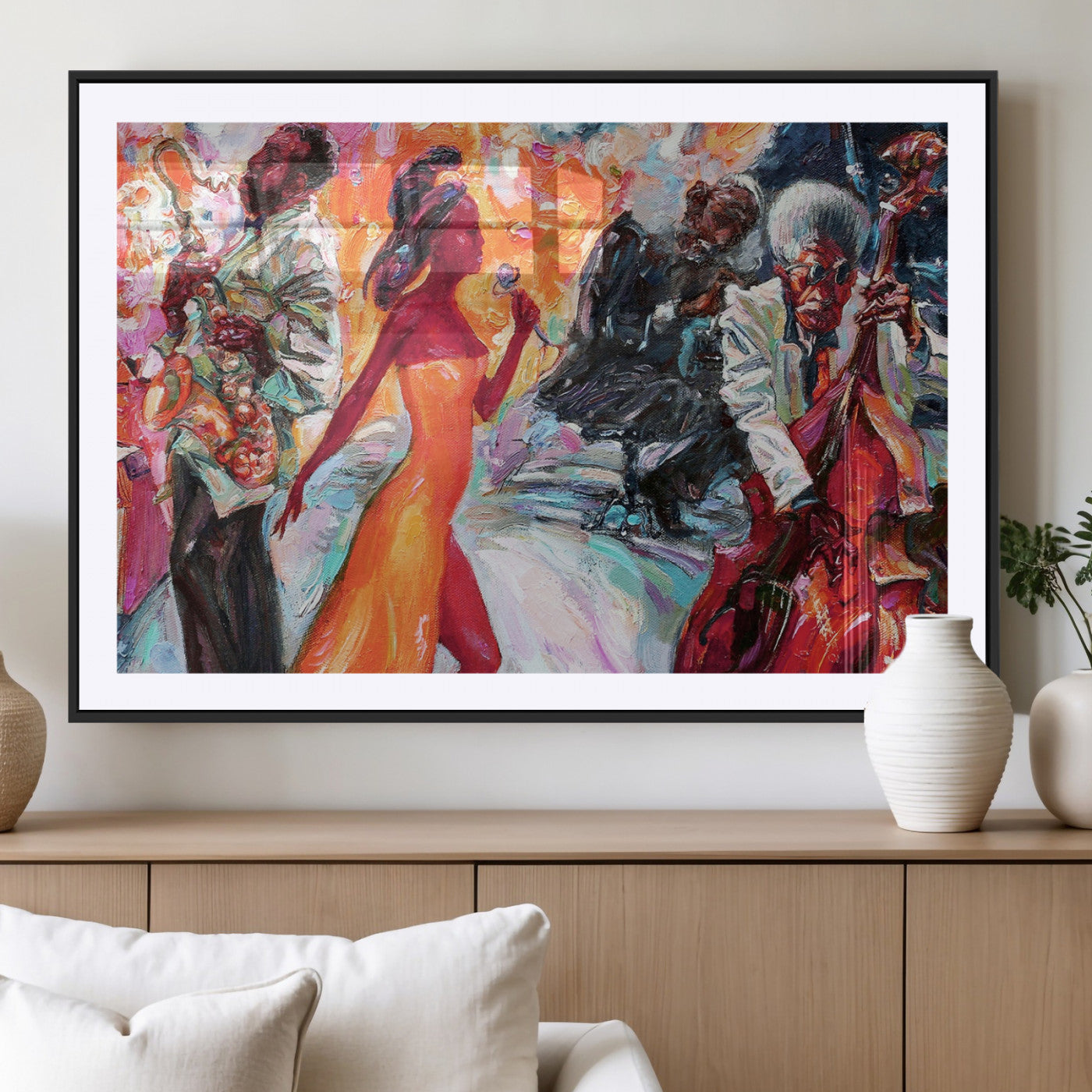 24452-MGV-CV-36X24-Vibrant Jazz Musician Painting - Expressive Art Print of Live Jazz Band, Perfect Wall Decor for Music Lovers and Art Enthusiasts