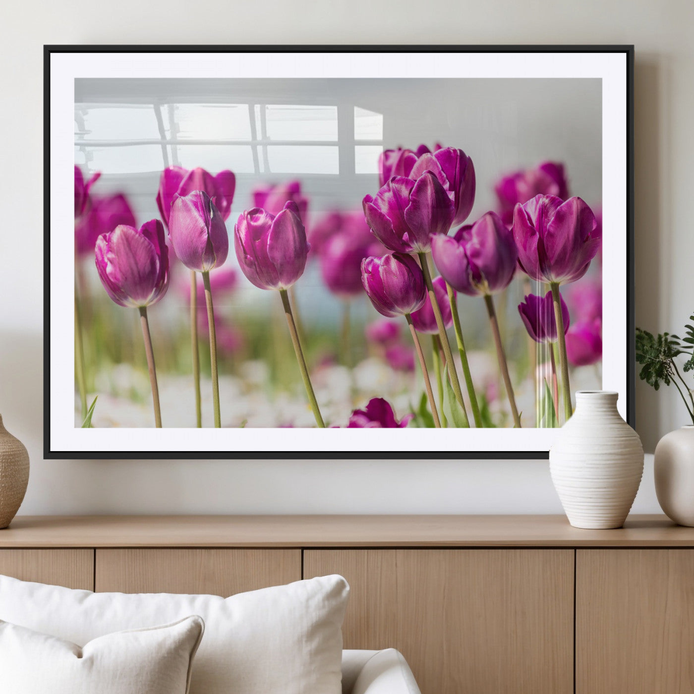 30632-MGV-CV-36X24-Purple Tulip Field Wall Art – Beautiful Spring Flowers Canvas Print with Soft Focus and Bright Sky, Ideal Floral Decor for Home or