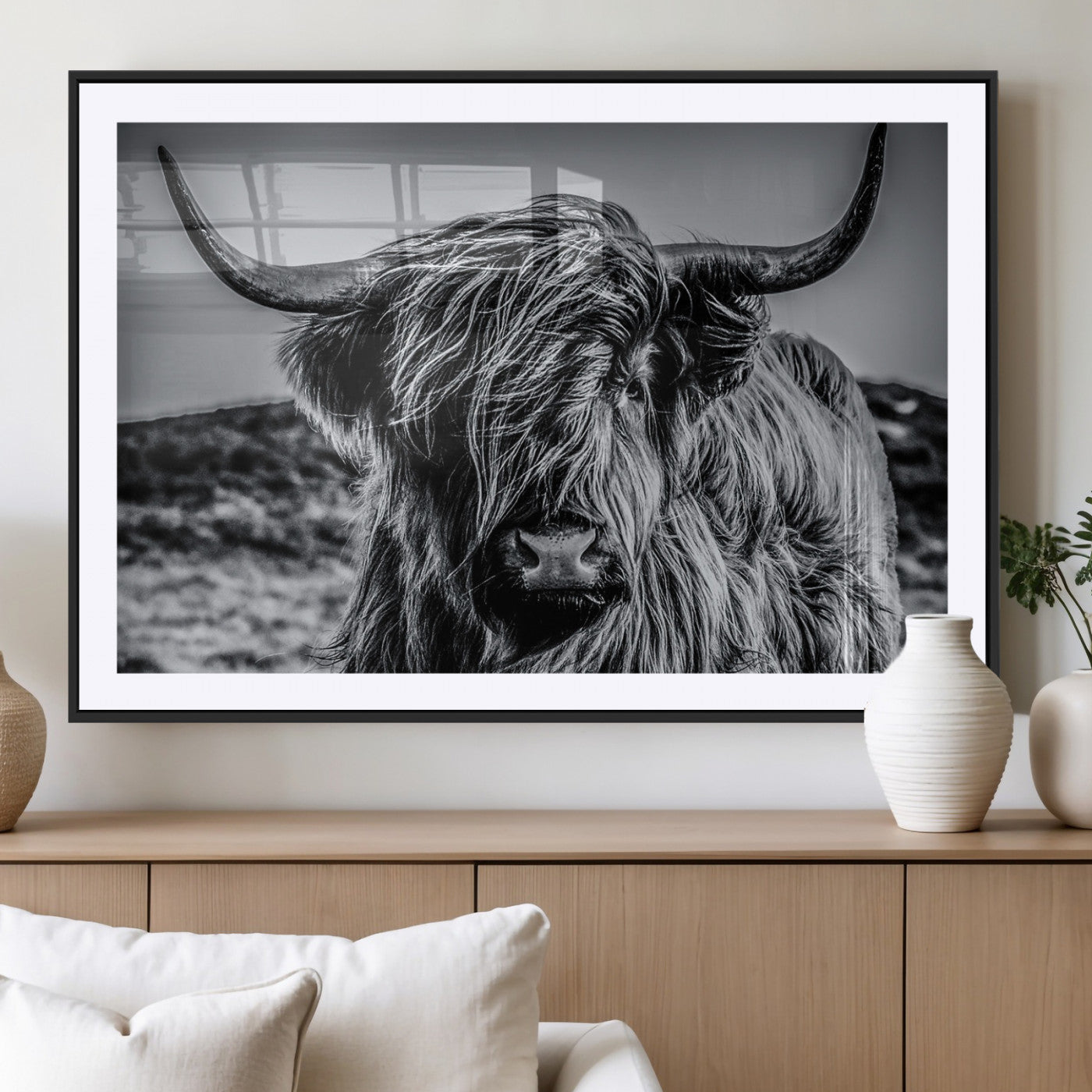 97372-MGV-CV-36X24-Elegant Highland Cow Wall Art – Black and White Canvas Print, Rustic Nature Decor for Home, Office, Living Room or Man Cave