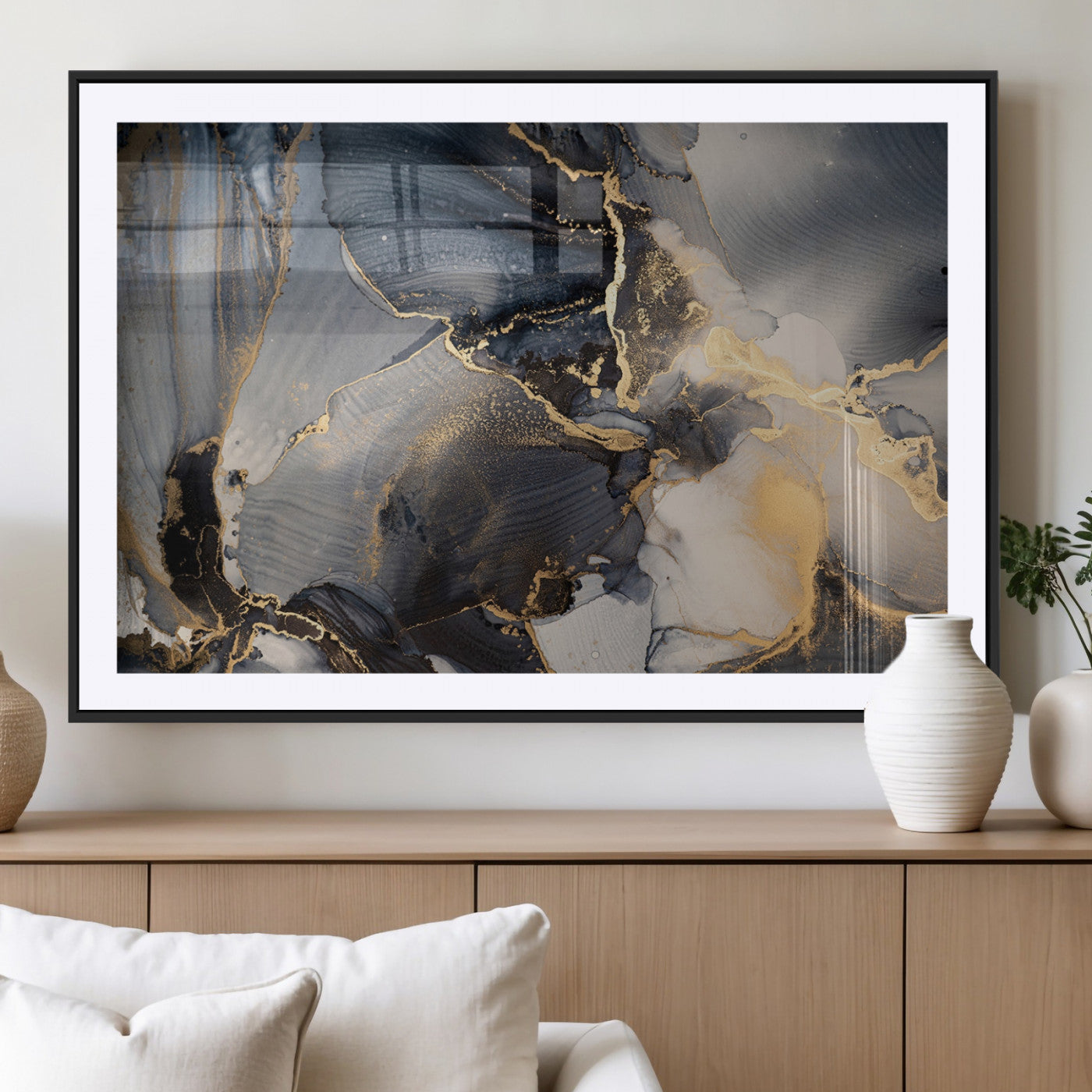 24068-MGV-CV-36X24-Luxury Abstract Wall Art – Gold & Gray Fluid Ink Painting Canvas, Modern Metallic Home Decor, Elegant Office or Living Room Accent