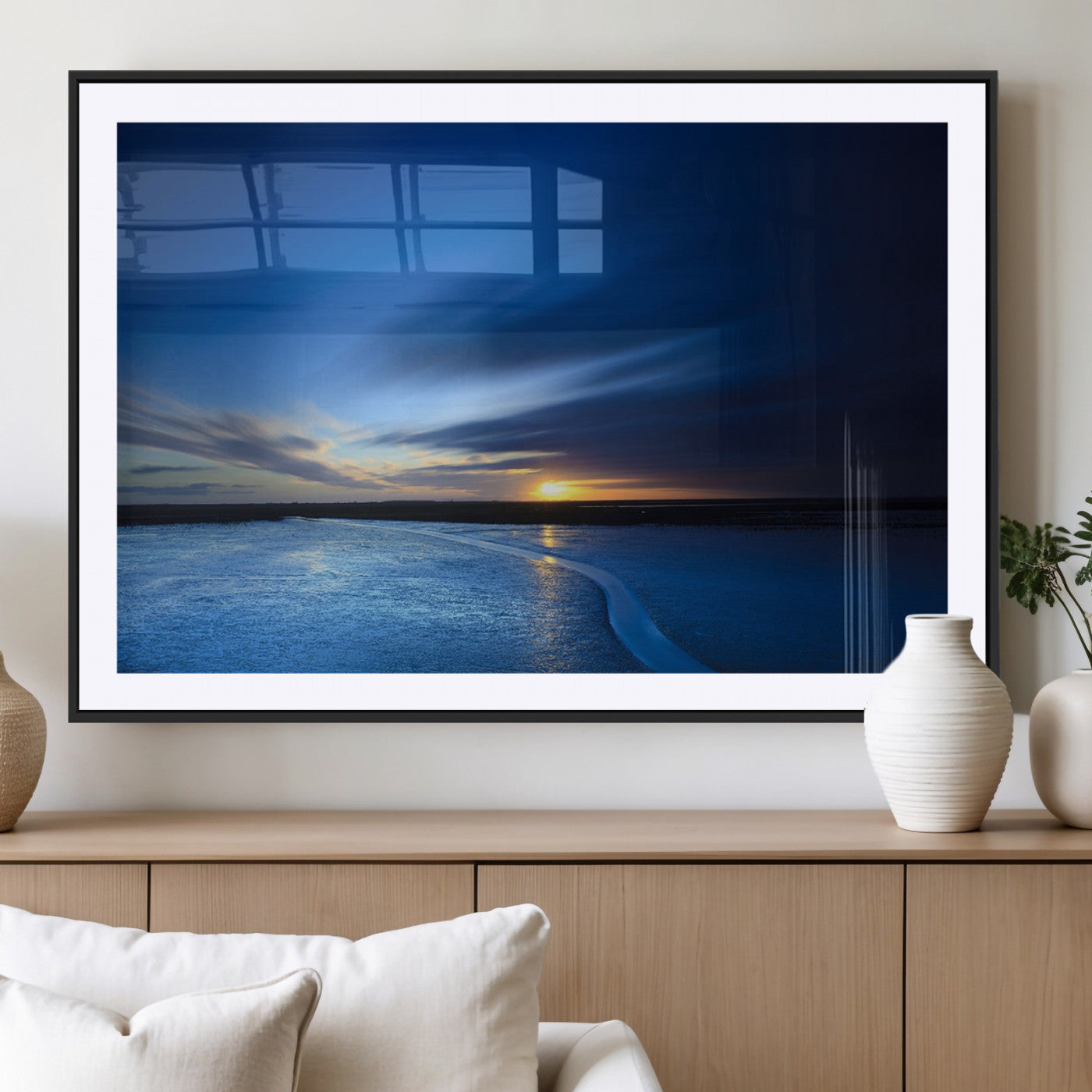 65405-MGC-FP-36x24_Black-Blue Sunrise Seascape Wall Art – Tranquil Ocean Horizon Canvas Print with Golden Sunlight and Deep Sky, Coastal Landscape Decor