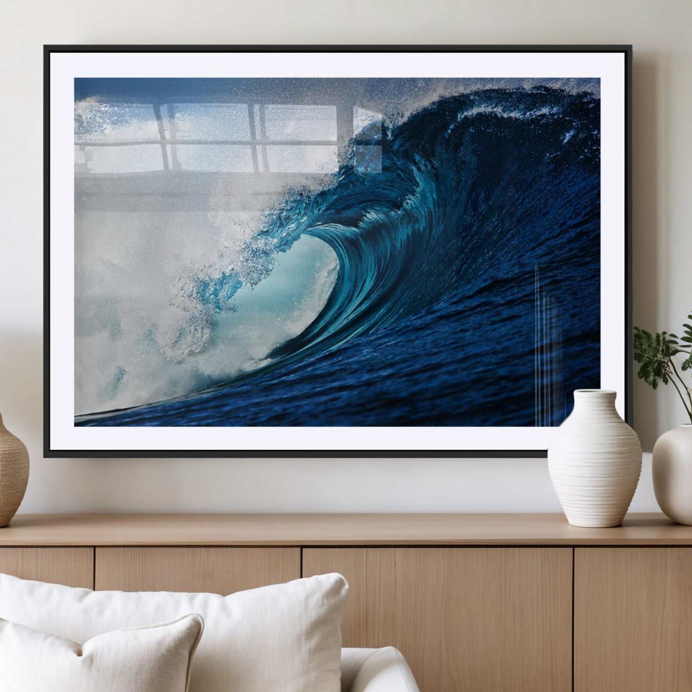 89502-MGC-FP-36x24_Black-Powerful Ocean Wave Wall Art – Panoramic Blue Sea Wave Canvas Print, Coastal Surf Photography Artwork for Living Room, Bedroom, or