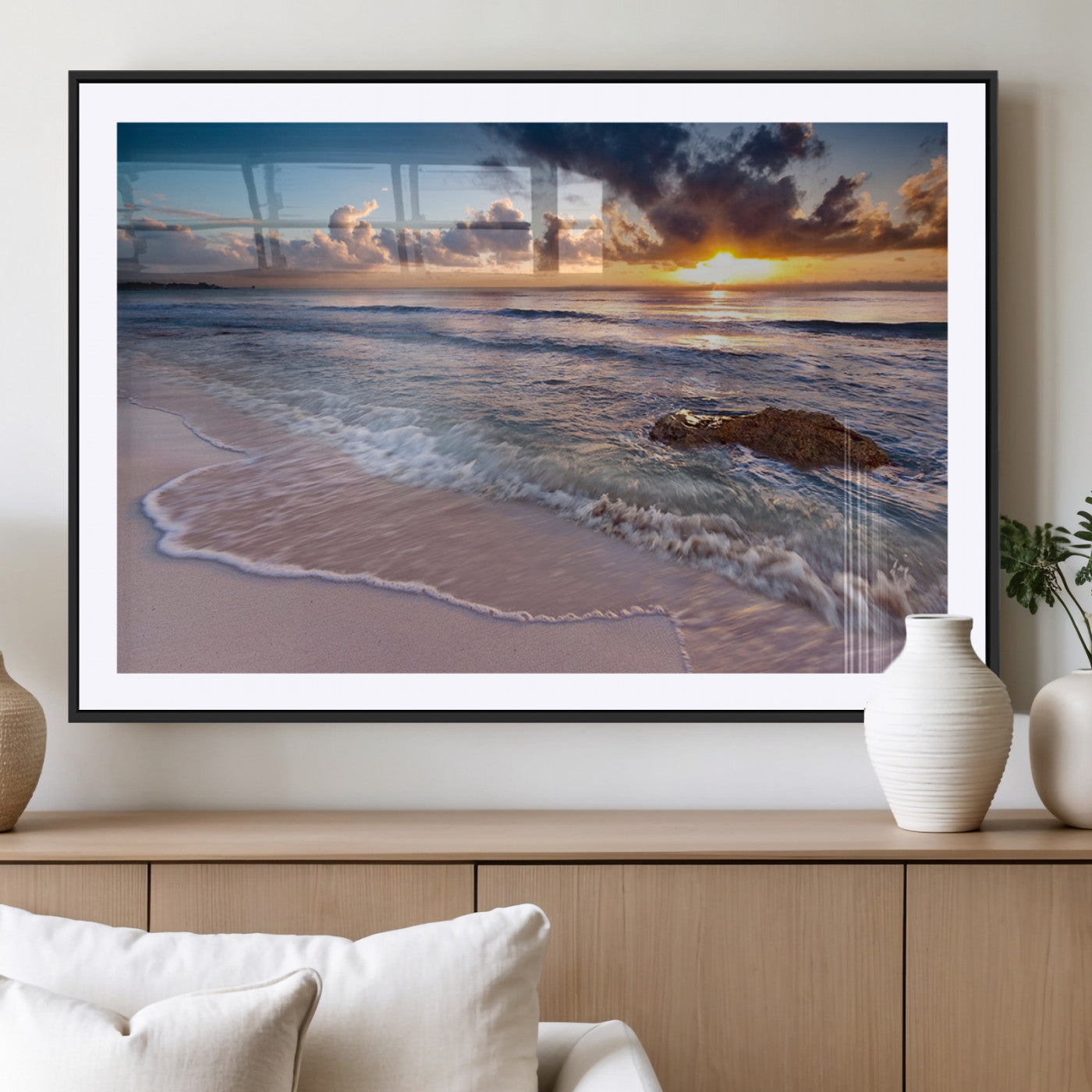 94906-MGC-FP-36x24_Black-Sunrise Beach Wall Art – Panoramic Ocean Waves Canvas Print, Coastal Sunset Seascape Artwork for Living Room, Bedroom, or Office
