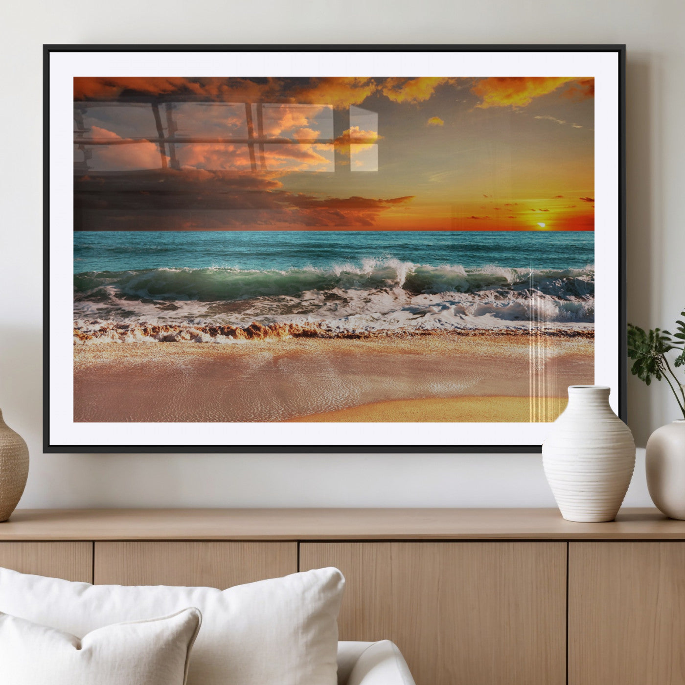 72948-MGC-FP-36x24_Black-Ocean Sunset Wave Wall Art – Dramatic Seascape Canvas Print with Golden Sky and Crashing Waves, Coastal Beach Decor for Living