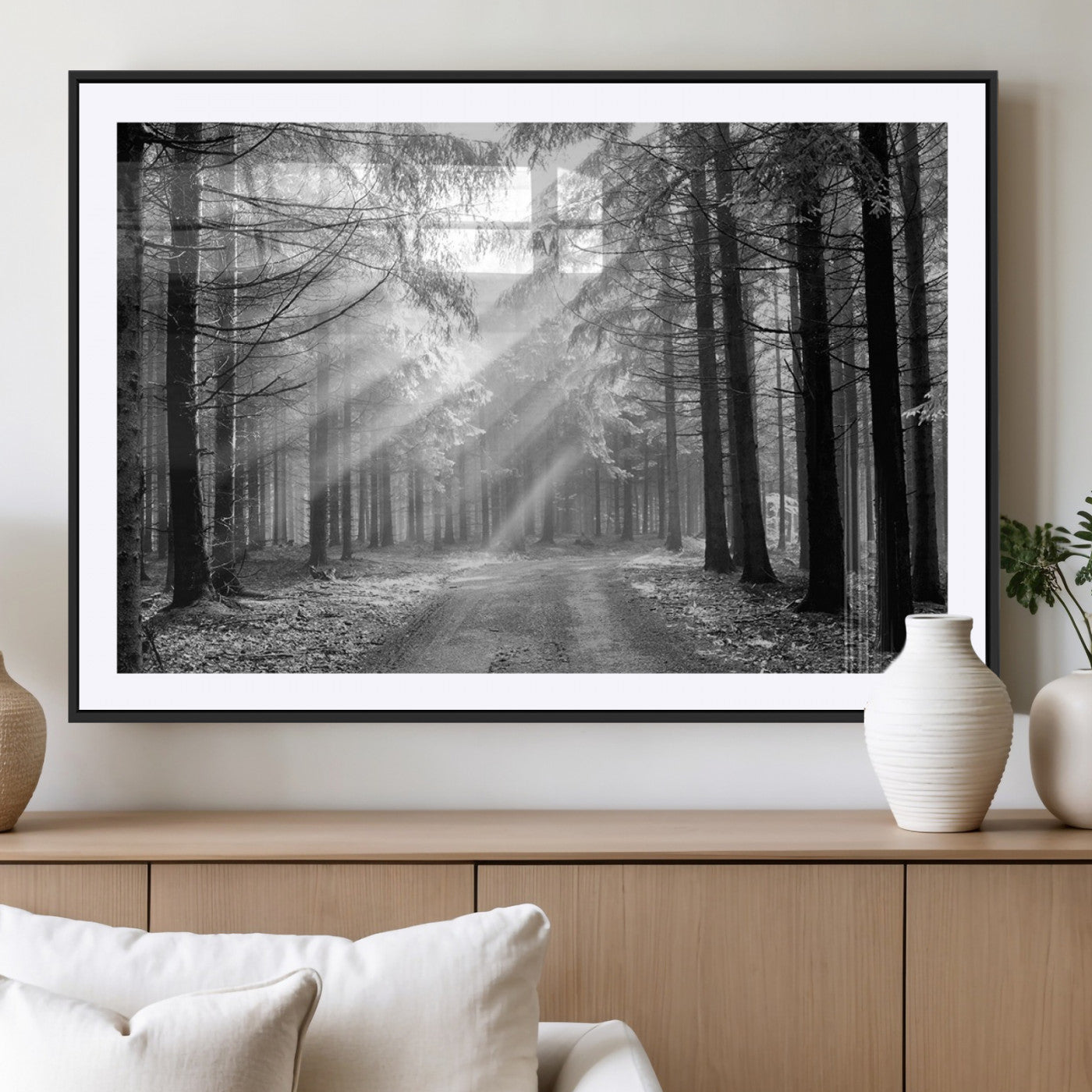 39665-MGC-FP-36x24_Black-Black and White Forest Path Wall Art – Sunlight Rays in Trees Canvas Print, Nature Landscape Decor for Living Room