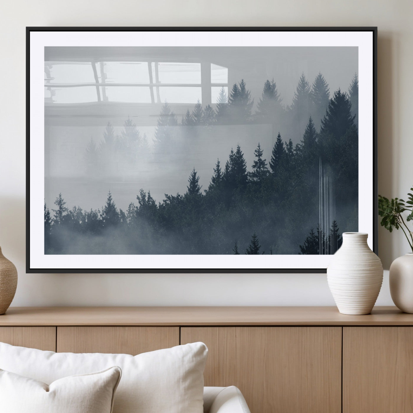 23671-MGC-FP-36x24_Black-Misty Forest Wall Art – Serene Foggy Pine Trees Landscape Canvas Print, Tranquil Nature Decor for Living Room, Bedroom or Office