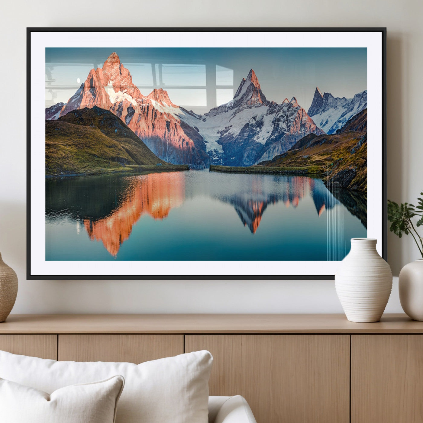 88453-MGC-FP-36x24_Black-Mountain Lake Wall Art – Snow-Capped Peaks Reflected in Alpine Water Canvas Print, Nature Landscape Wall Decor for Living Room or
