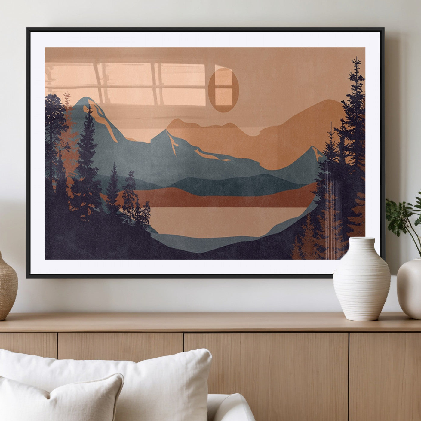 62795-MGC-FP-36x24_Black-Minimalist Mountain Landscape Wall Art – Abstract Sunset Over Peaks and Pine Trees Canvas Print, Modern Nature Decor for Living