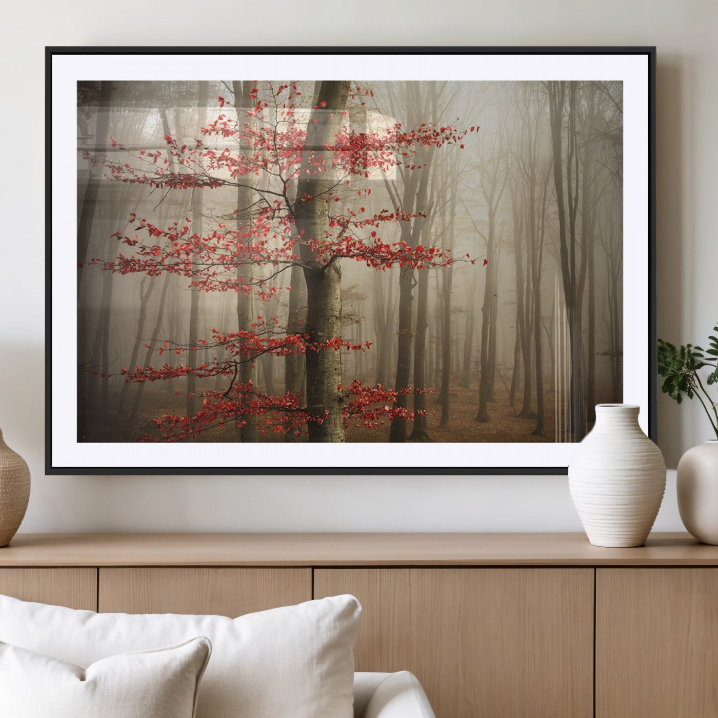 61855-MGV-CV-36X24-Misty Forest Wall Art – Red Tree with Autumn Leaves Canvas Print, Moody Woodland Nature Decor for Living Room, Bedroom, or Office