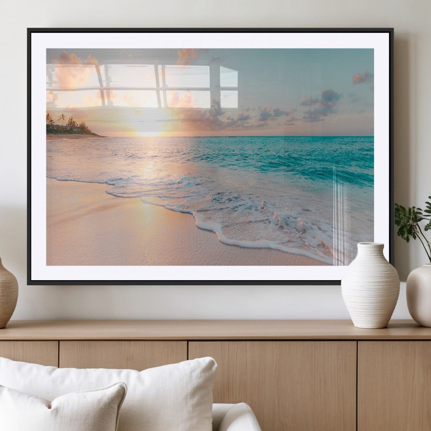 36554-MGC-FP-36x24_Black-Tropical Beach Sunset Wall Art – Ocean Waves and Palm Canvas Print, Coastal Seascape Photography Decor for Living Room, Bedroom,