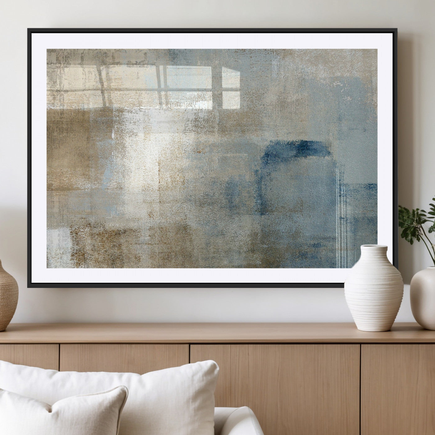 38126-MGC-FP-36x24_Black-Neutral Abstract Wall Art – Modern Beige and Blue Canvas Print and Minimalist Textured Painting for Living Room, Bedroom or Office