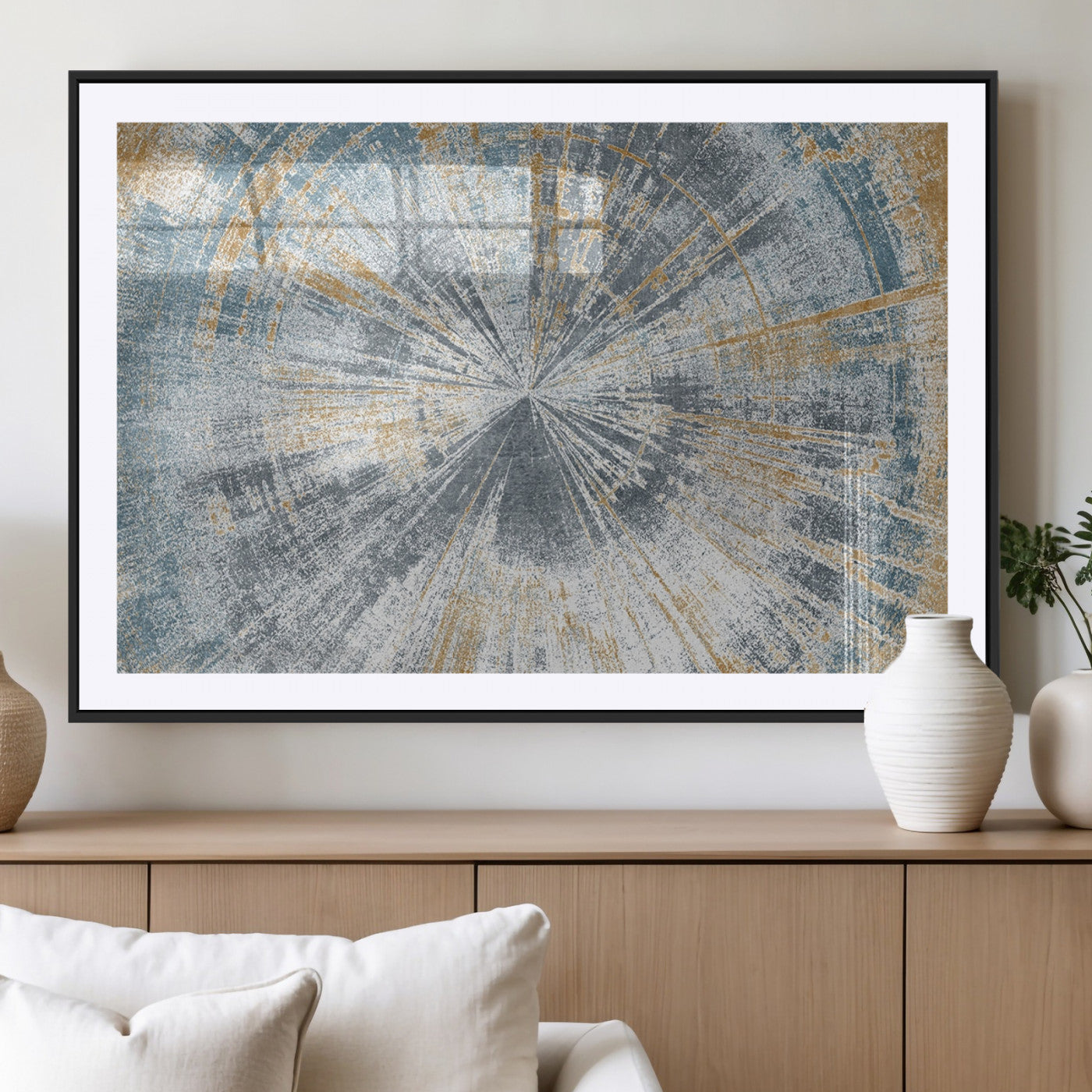17631-MGC-FP-36x24_Black-Radiant Burst Wall Art – Abstract Sunburst Canvas Print in Blue and Gold, Modern Geometric Painting for Living Room, Office or