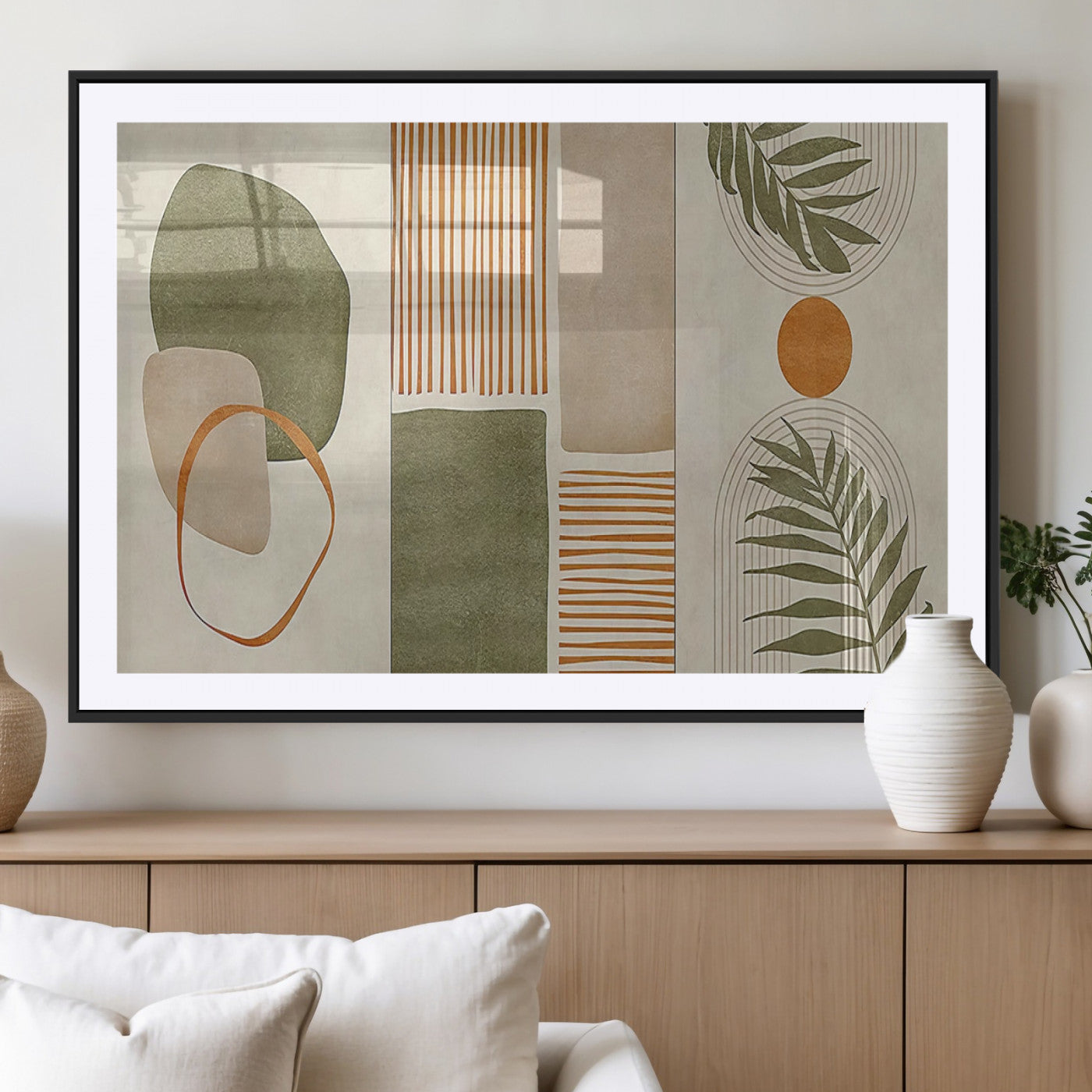 96002-MGV-CV-36X24-Abstract Geometric Wall Art – Modern Canvas Print with Green, Orange & Beige Shapes, Minimalist Home Decor for Living Room, Office