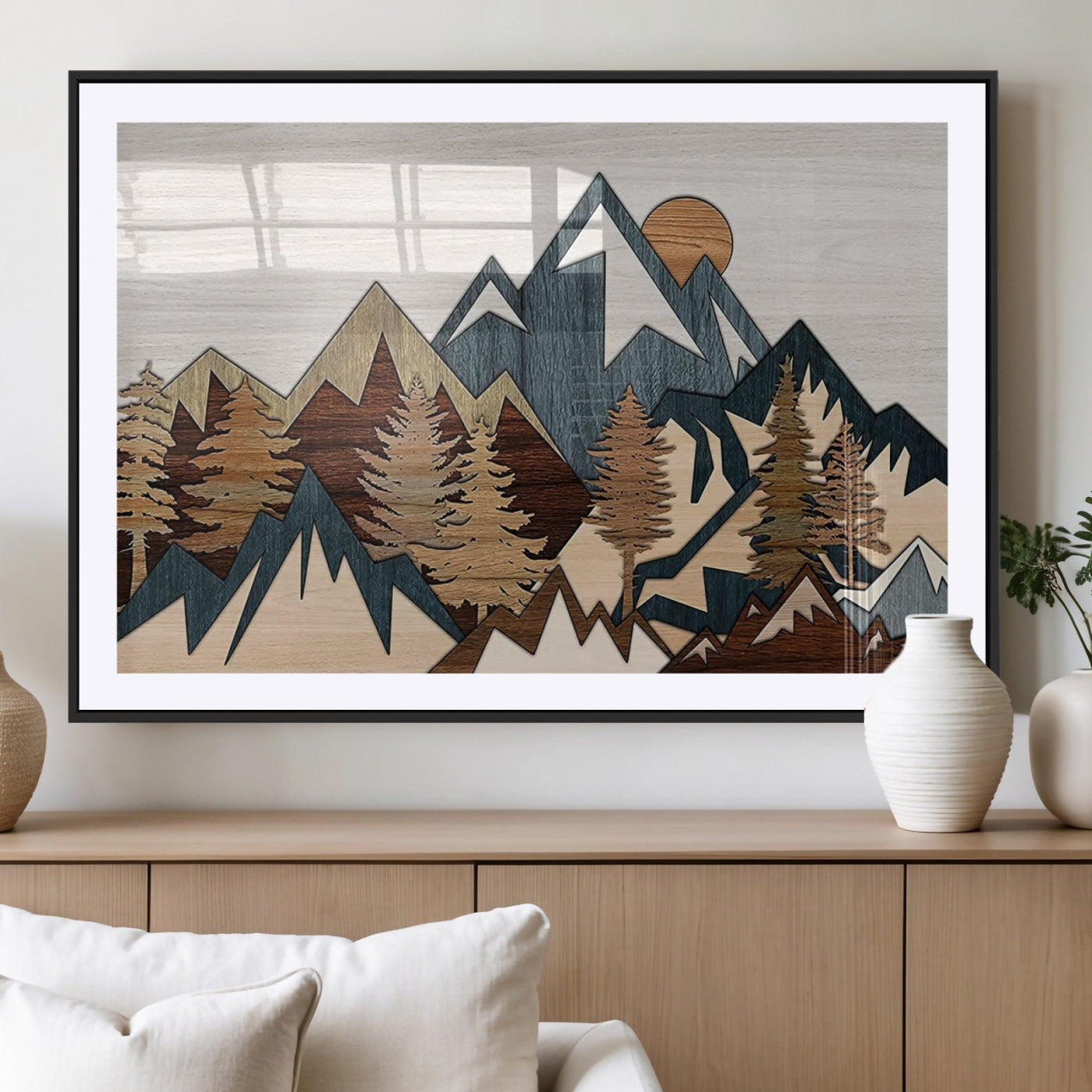 67950-MGC-FP-36x24_Black-Modern Wood Wall Art Canvas Print, Framed Mountain Range Art Picture Print, Wood Mountain Range Perfect Rustic Decor Artwork