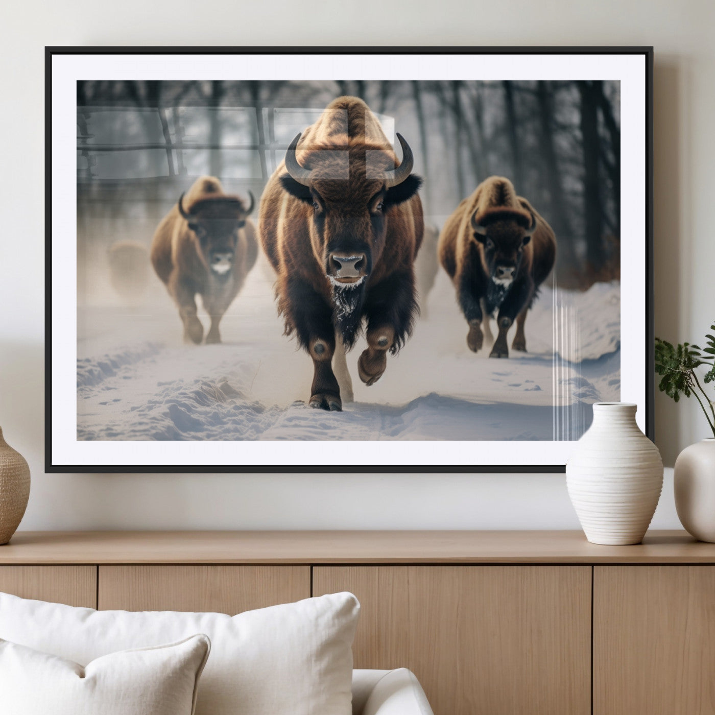 56549-MGV-CV-36X24-Wild Bison Wall Art – Majestic Buffalo Herd Running in Snow Canvas Print, Rustic Wildlife Photography Decor for Cabin, Lodge, or