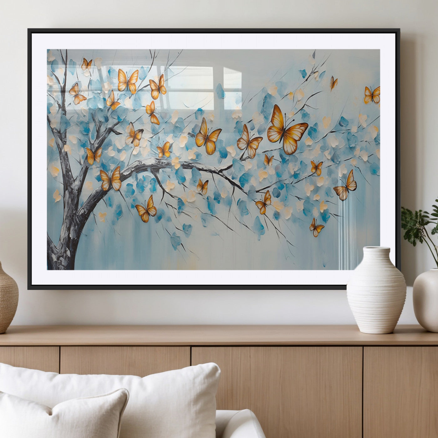 59455-MGV-CV-36X24-Butterfly Tree Branch Wall Art – Blue and Yellow Abstract Canvas Print, Modern Nature Artwork for Living Room, Bedroom or Office
