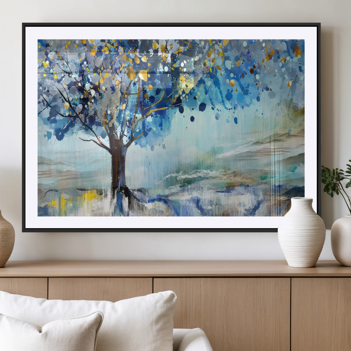 17018-MGV-CV-36X24-Abstract Blue Tree Wall Art – Colorful Canvas Painting with Gold and Silver Accents, Modern Nature Artwork for Living Room,