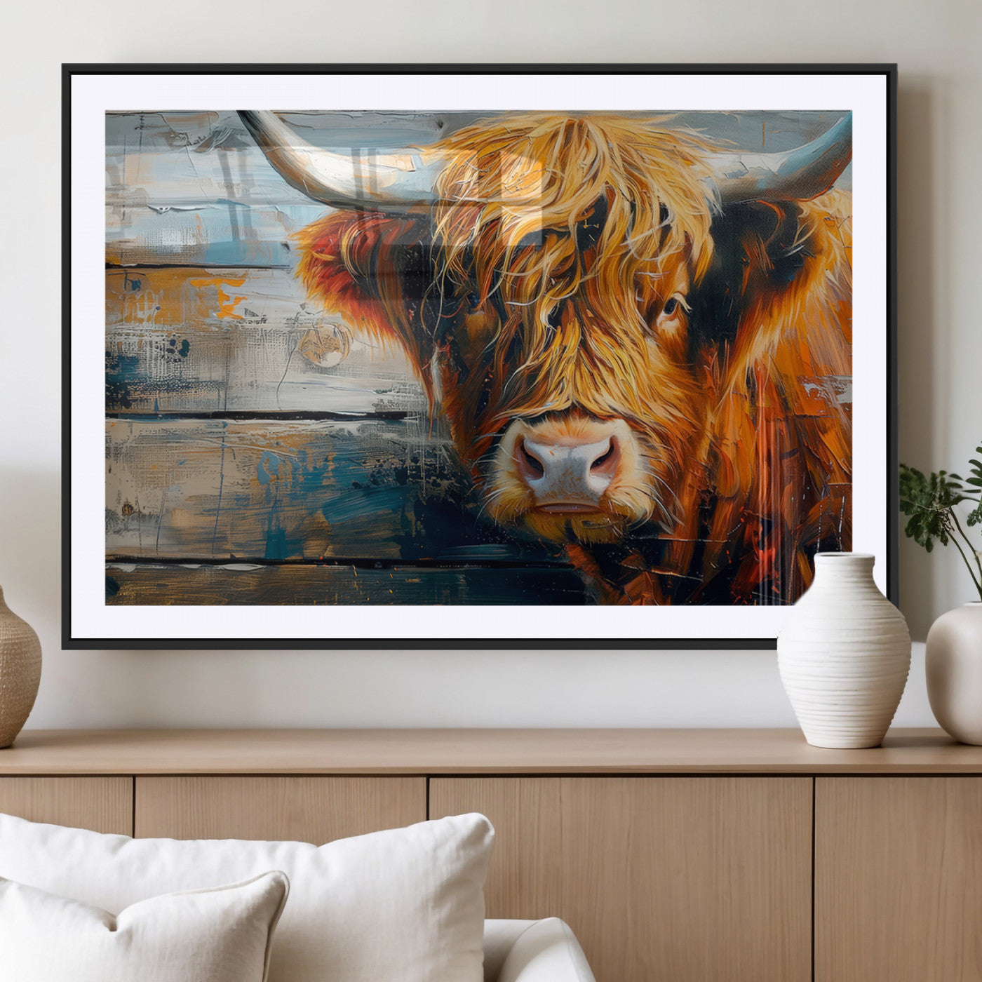 92312-MGV-CV-36X24-Highland Cow Wall Art – Rustic Farmhouse Canvas Print with Colorful Brush Strokes, Western Country Decor for Living Room, Bedroom