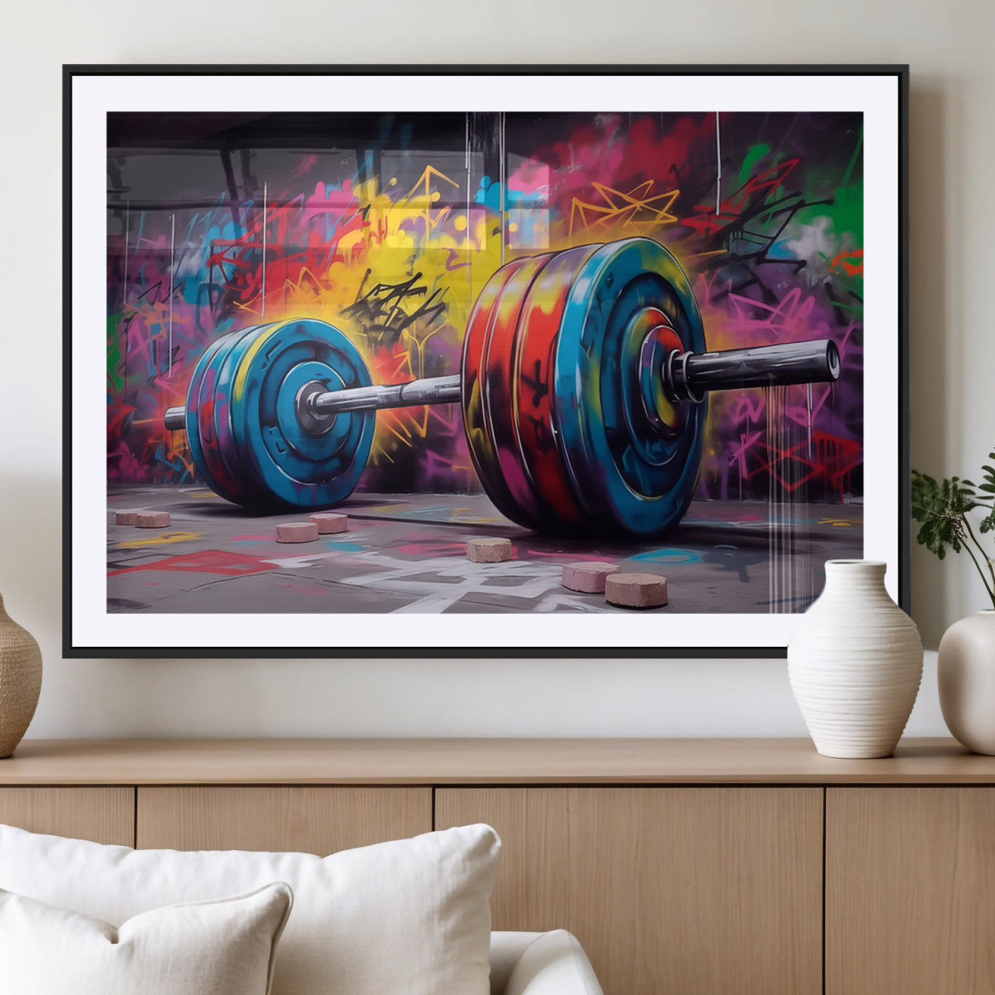 13549-MGC-FP-36x24_Black-Graffiti Gym Wall Art Canvas Print, Framed Graffiti Barbell Art Picture Print, Weightlifting Perfect Fitness Studio Decor Artwork