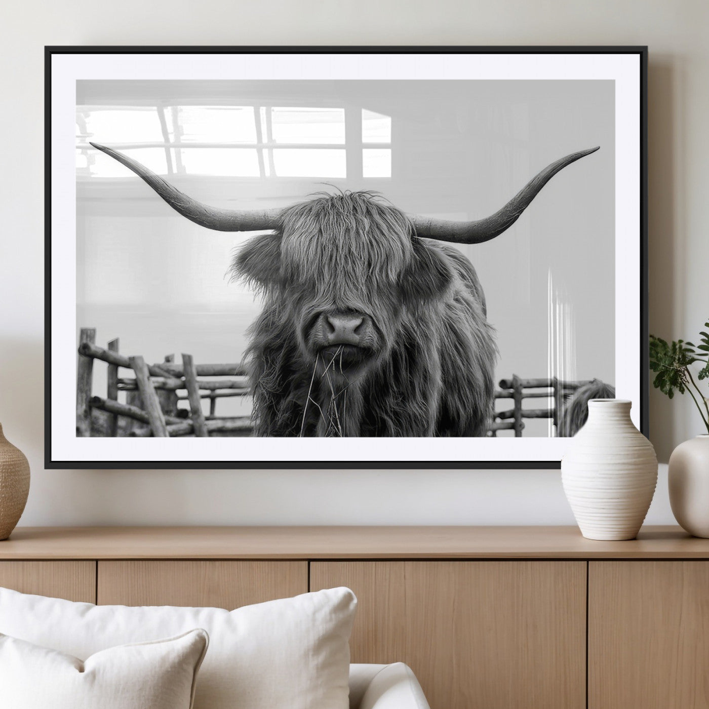 58188-MGV-CV-36X24-Highland Cow Wall Art – Black and White Rustic Farmhouse Canvas Print, Longhorn Cattle Photography Decor for Living Room or