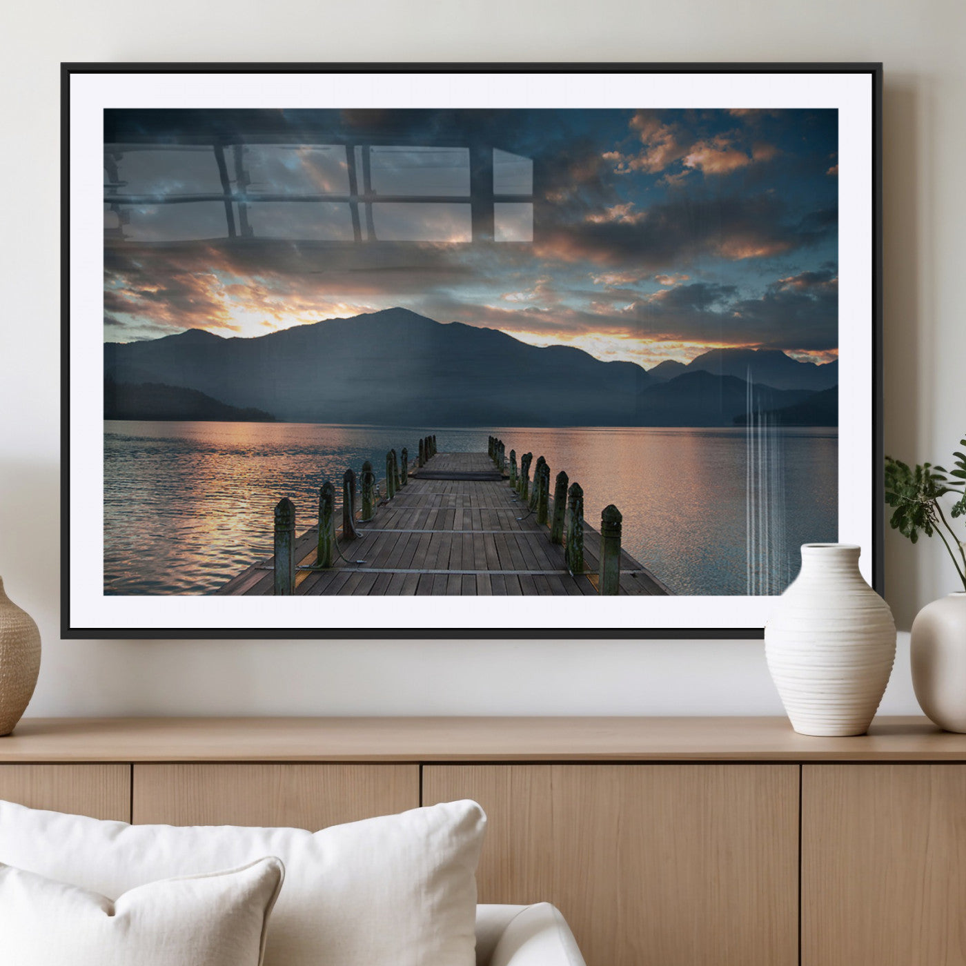 20442-MGV-CV-36X24-Lakeside Sunset Dock Wall Art – Peaceful Mountain Lake Canvas Print, Serene Nature Landscape Decor for Living Room, Bedroom or