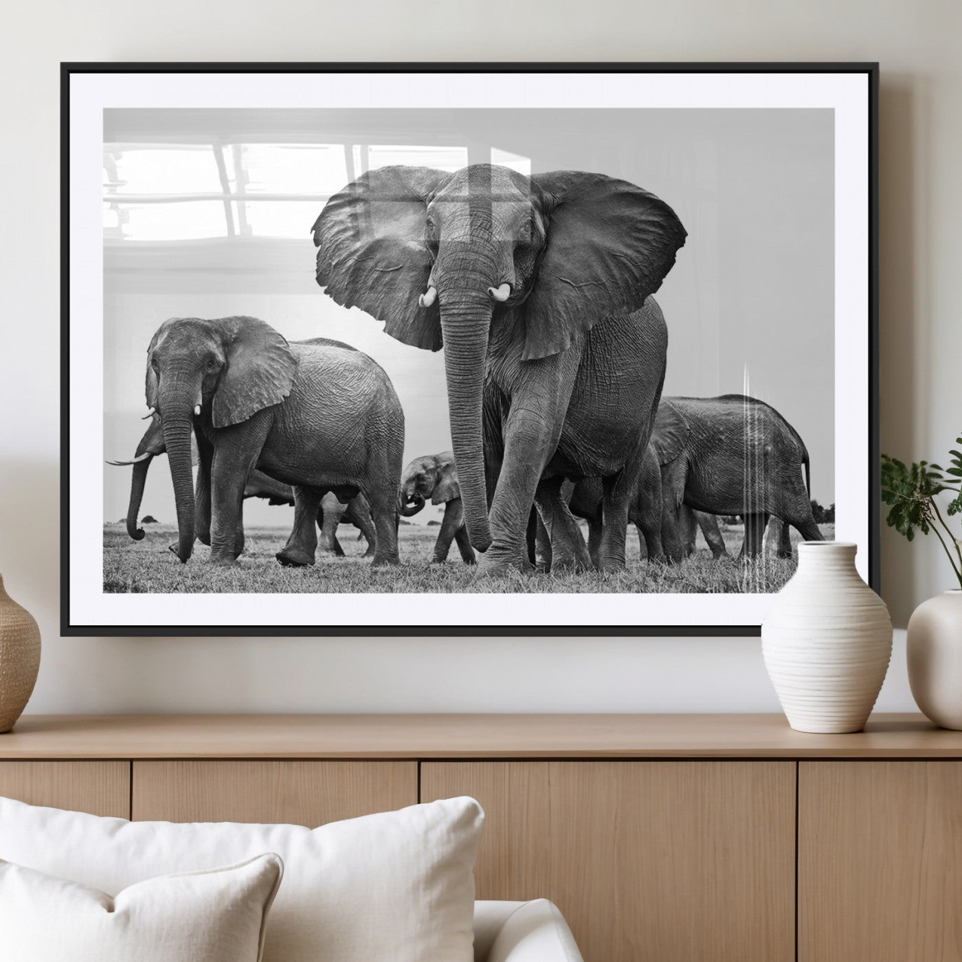 91685-MGV-CV-36X24-Elephant Herd Wall Art – Black and White Safari Canvas Print, African Wildlife Photography Decor for Living Room, Office or
