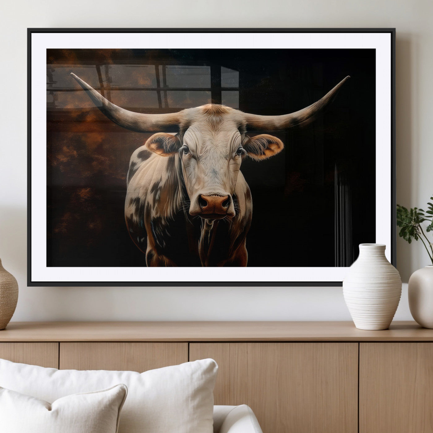 70522-MGV-CV-36X24-Longhorn Bull Wall Art – Striking Canvas Print of Majestic Bull, Premium Animal Decor for Home, Office, Man Cave, or Living Room