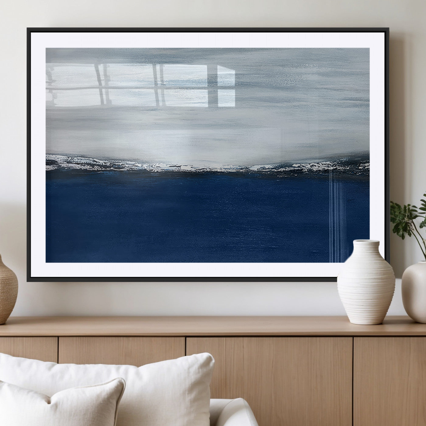 62197-MGC-FP-36x24_Black-Abstract Ocean Wall Art – Minimalist Blue and White Canvas Print, Modern Coastal Seascape Painting for Bedroom, Living Room or