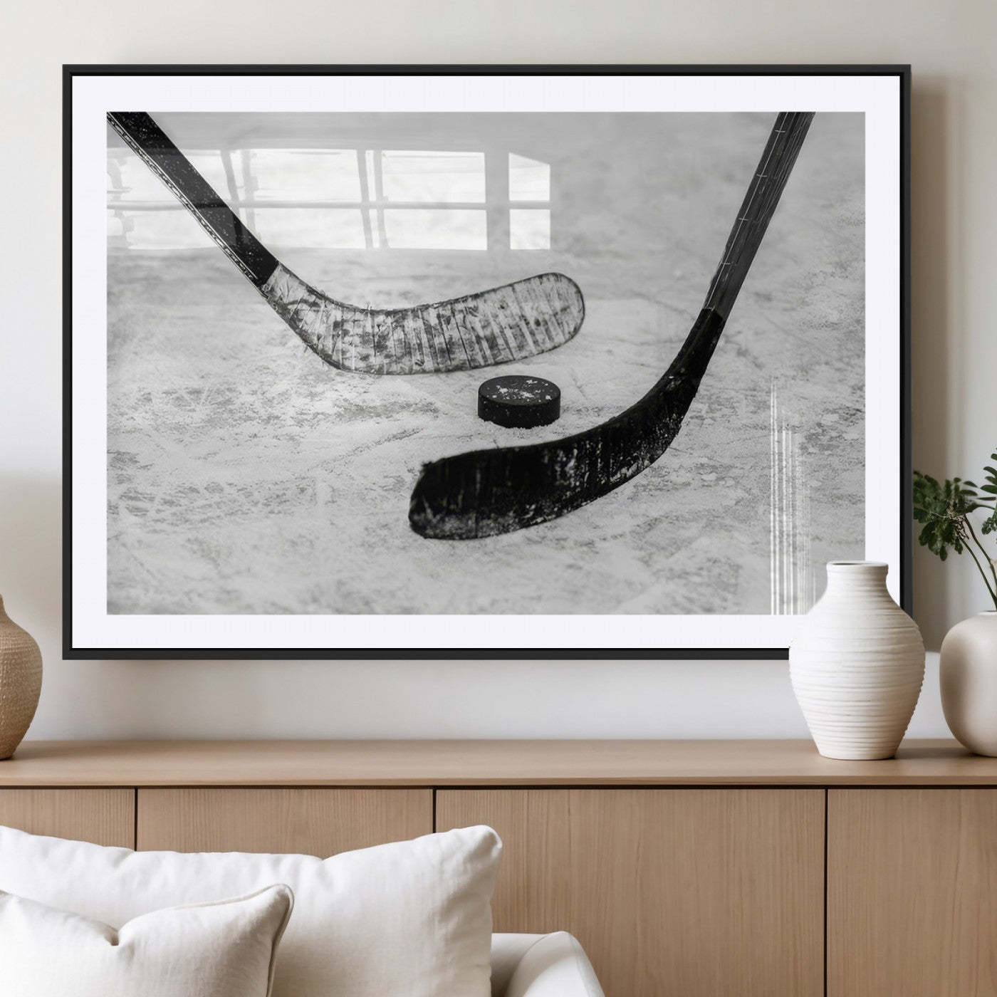 82900-MGV-CV-36X24-Hockey Wall Art – Black and White Canvas Print Ice Rink Sticks Puck Sports Photography, Modern Decor for Game Room, Man Cave,