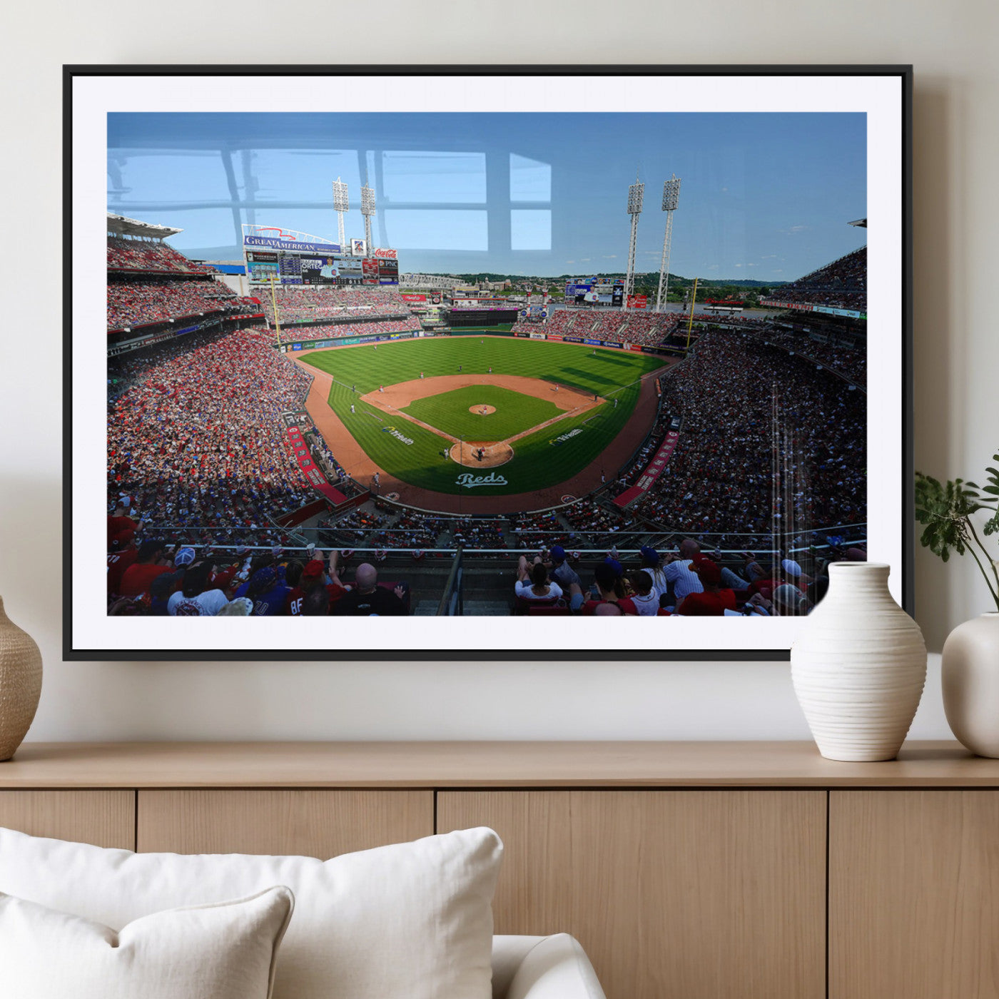 90998-MGV-CV-36X24-Baseball Stadium Wall Art – Canvas Print Day Game Field Packed Crowd Bright Blue Sky Sports Photography, Classic Decor for Game