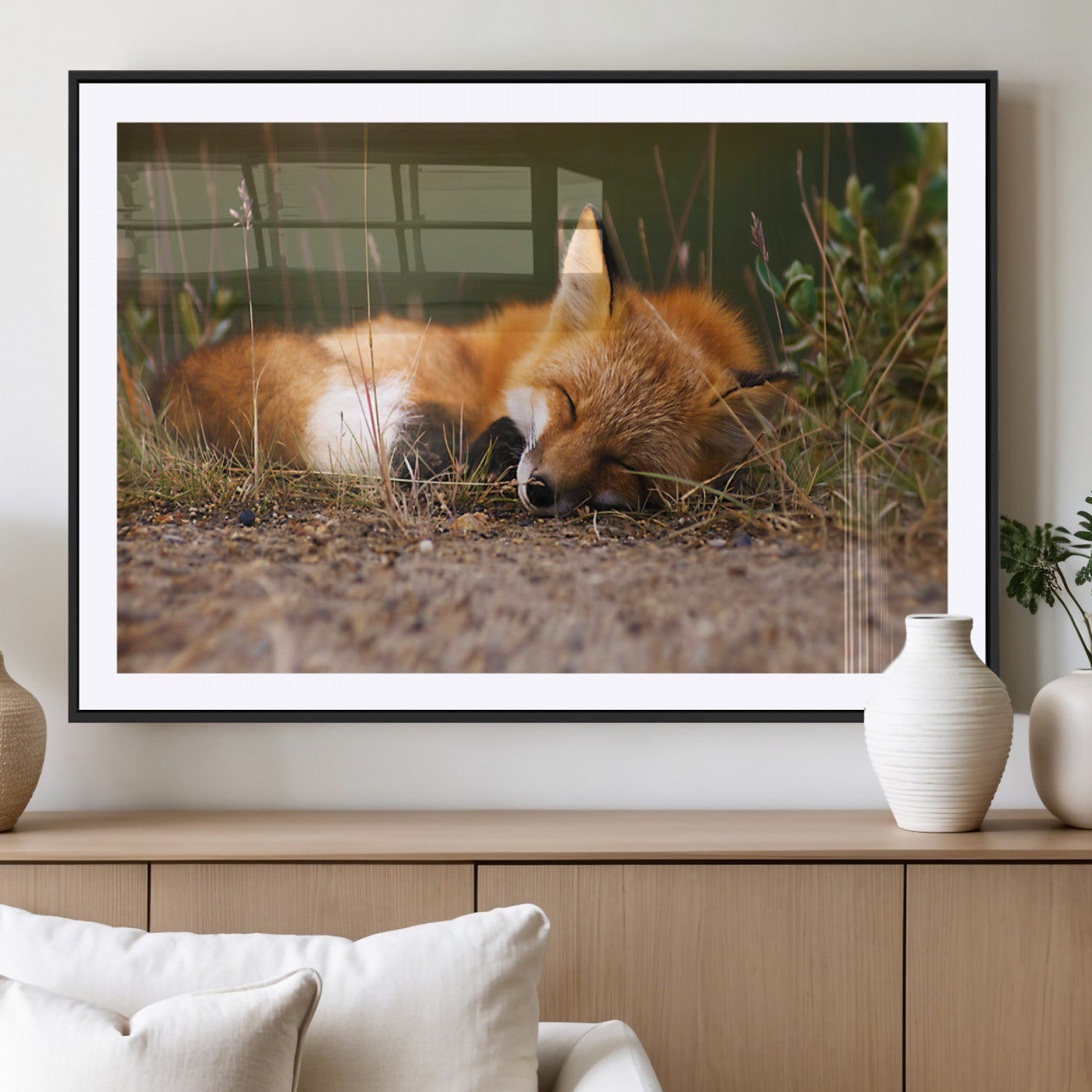 25085-MGC-FP-36x24_Black-Sleeping Fox Wall Art Canvas Print, Framed Rustic Fox Art Picture Print, Wildlife Animal Perfect Rustic Farmhouse Decor Artwork