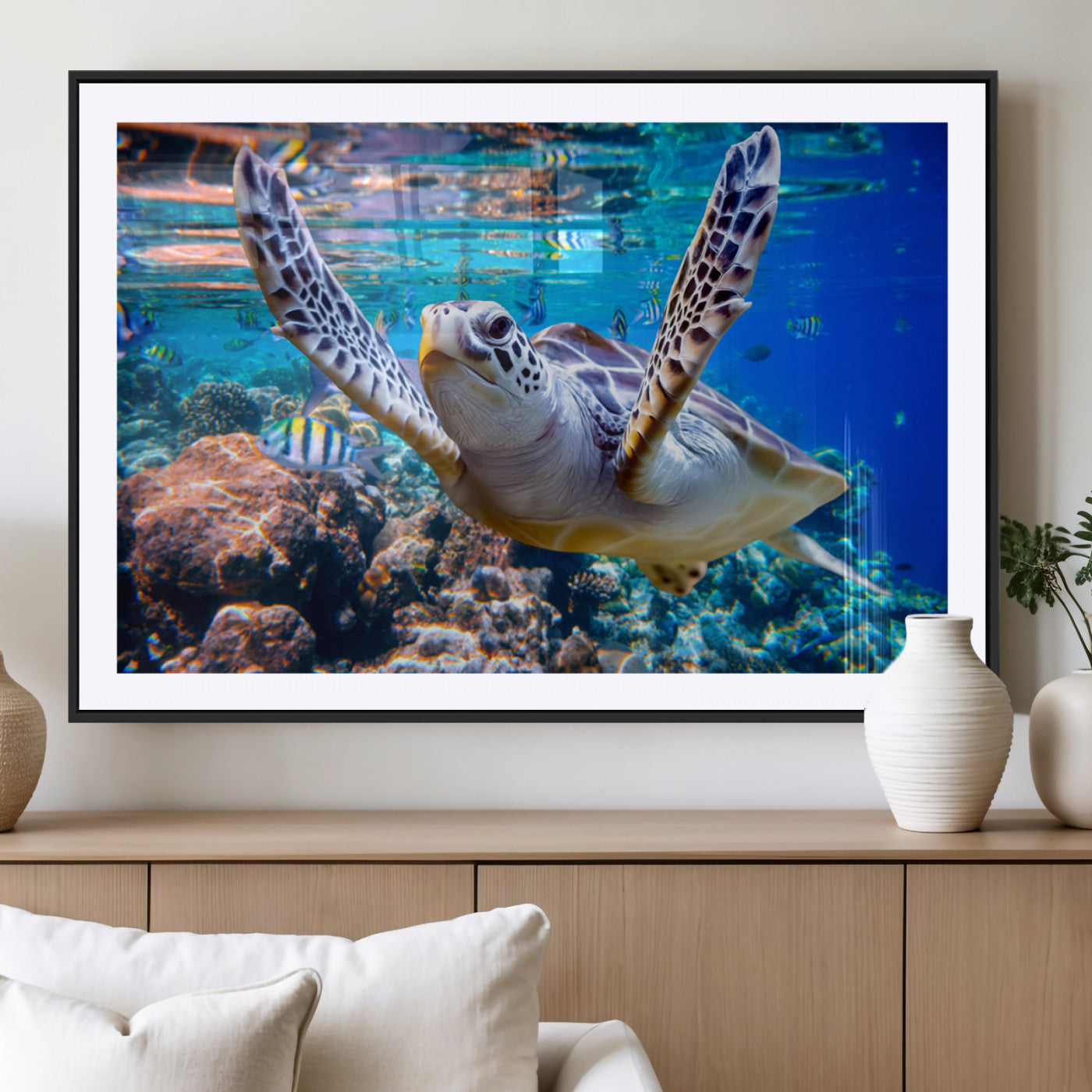 12683-MGV-CV-36X24-Sea Turtle Wall Art – Graceful Ocean Canvas Print with Coral Reef and Tropical Fish, Coastal Marine Life Decor for Beach House,