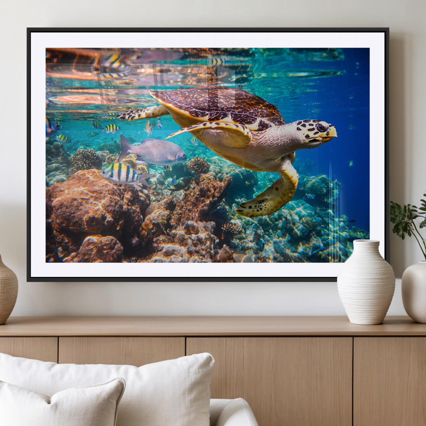 66614-MGV-CV-36X24-Sea Turtle Wall Art – Hawksbill Turtle Swimming Over Coral Reef Canvas Print, Ocean Marine Life Decor for Beach House, Coastal