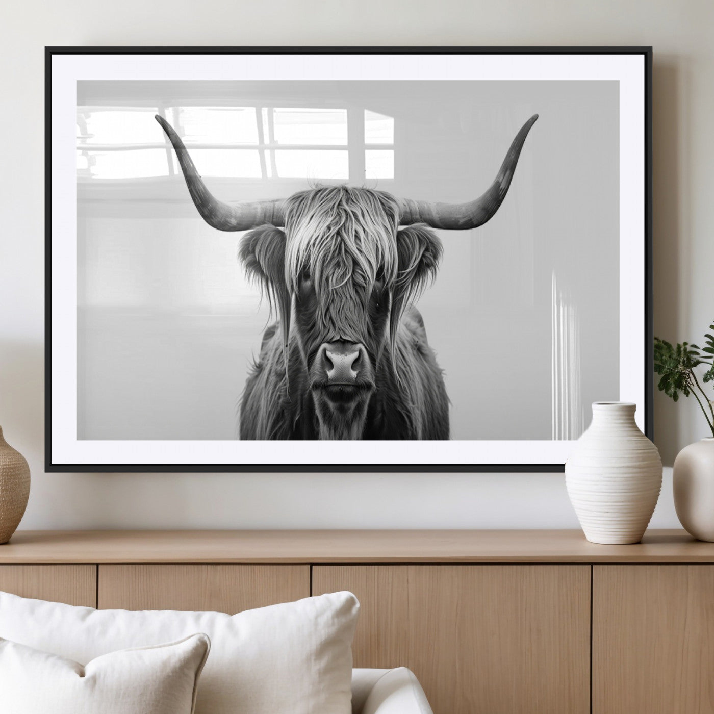 49556-MGC-FP-36x24_Black-Highland Cow Wall Art – Black and White Scottish Highland Cattle Print, Rustic Farmhouse Minimalist Animal Portrait Canvas for