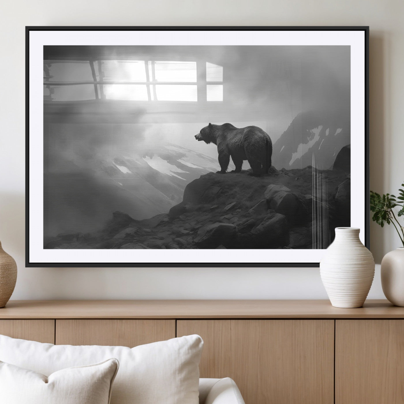 49504-MGC-FP-36x24_Black-Black and White Grizzly Bear Wall Art – Wilderness Wildlife Painting, Rustic Mountain Cabin Decor, Monochrome Animal Print for