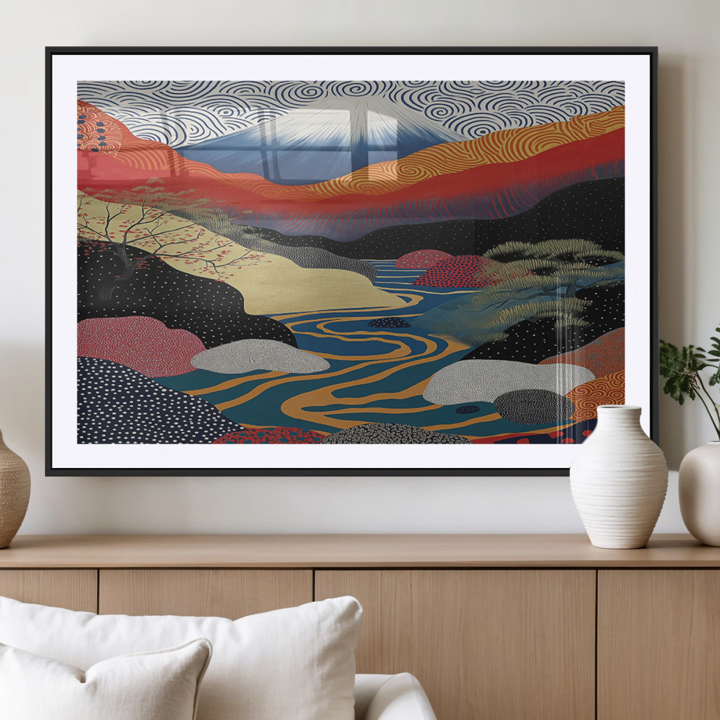 32131-MGV-CV-36X24-Japanese Mount Fuji Wall Art – Abstract Landscape Canvas Print with Swirling Sky & River, Modern Minimalist Asian Inspired Poster