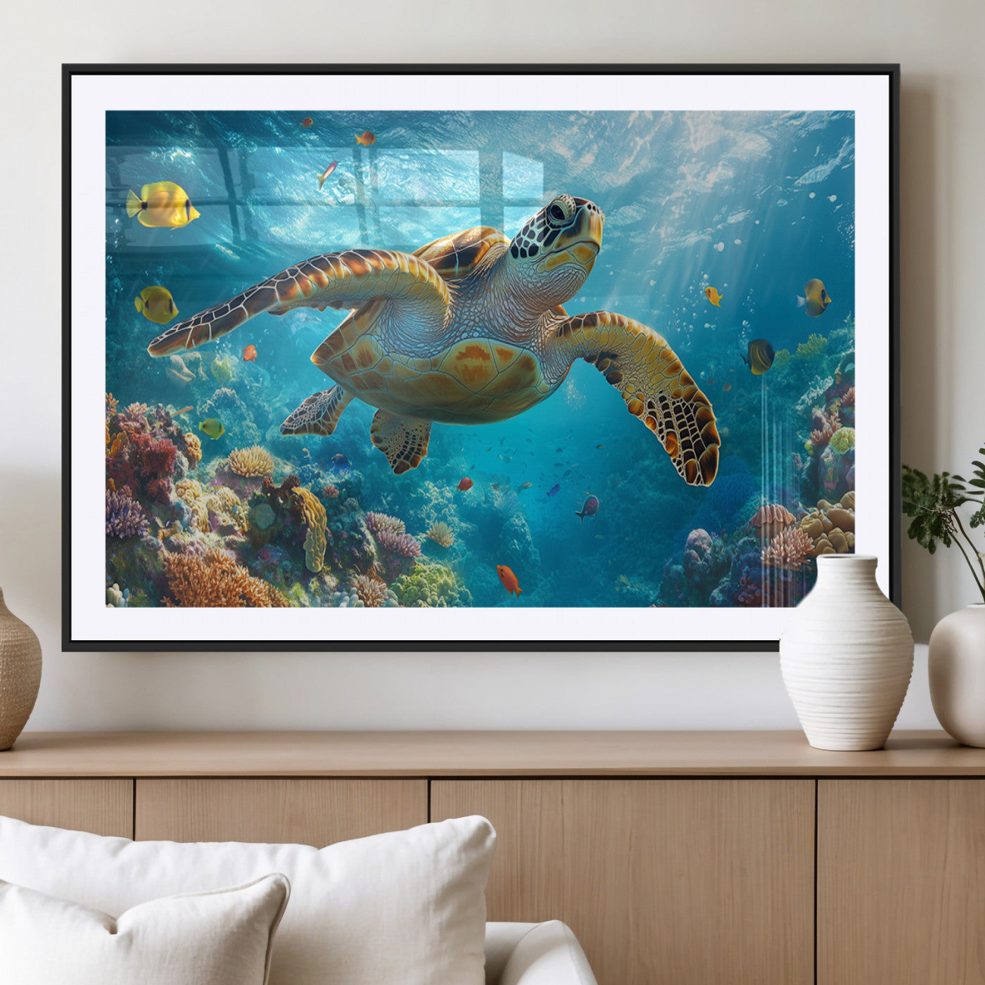37623-MGV-CV-36X24-Sea Turtle Wall Art – Underwater Ocean Canvas Print with Coral Reef and Tropical Fish, Marine Life Painting Poster for Living